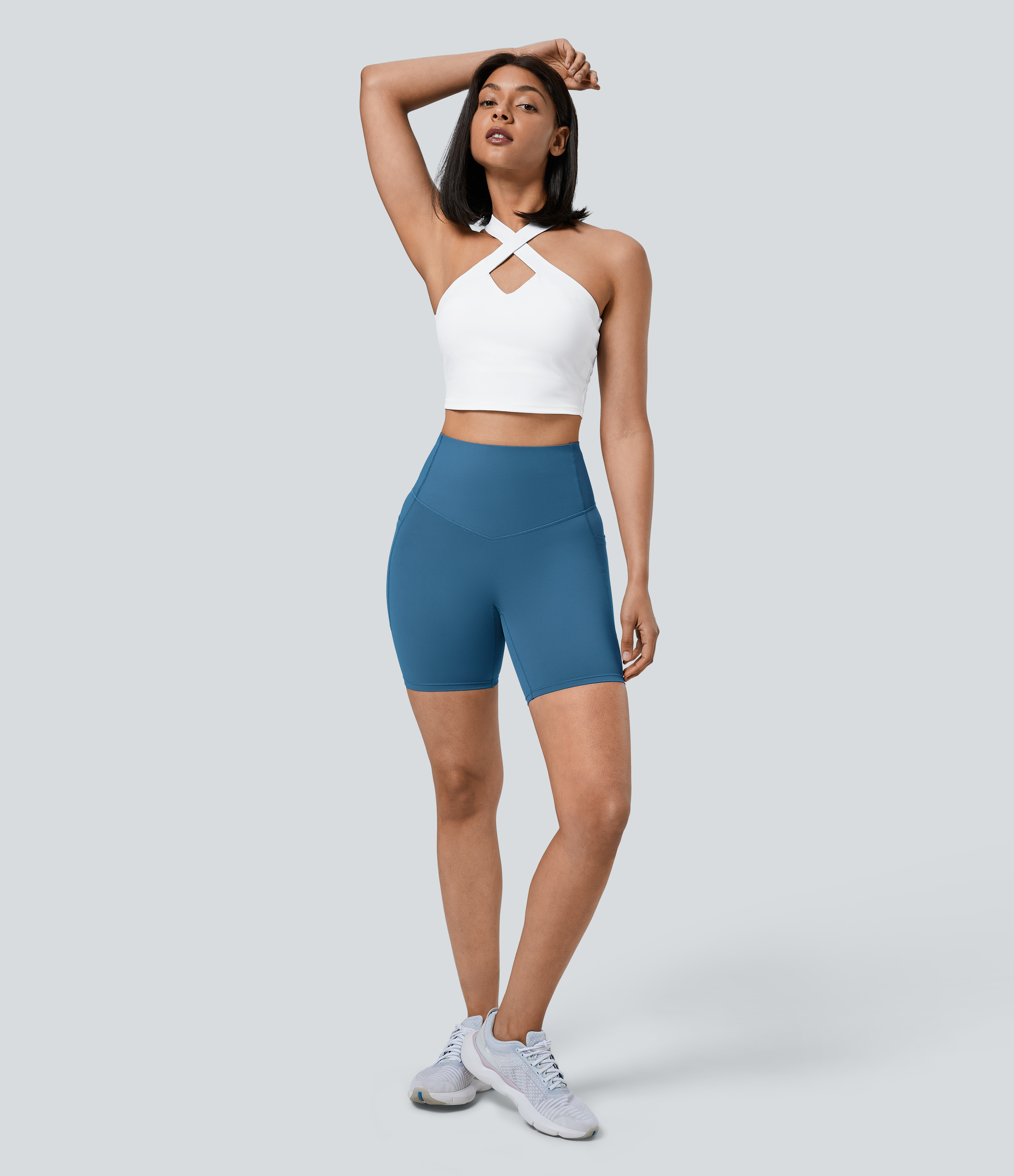 Halara SoCinched High Waisted Tummy Control Side Pocket Shaping Training Biker Shorts 7``  - Vallarta Blue - S biker shorts women 