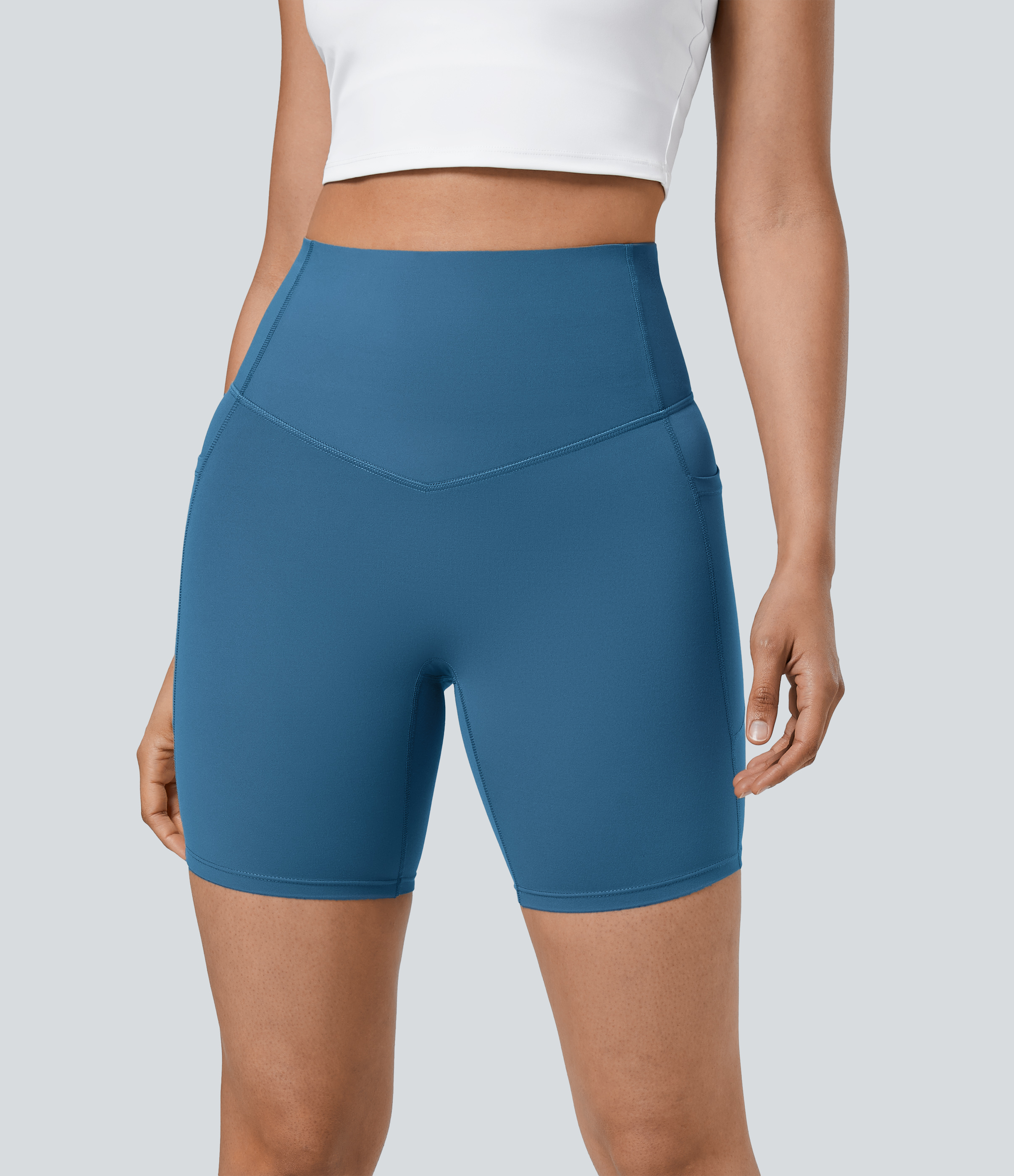 Halara SoCinched High Waisted Tummy Control Side Pocket Shaping Training Biker Shorts 7``  - Vallarta Blue - S biker shorts women 