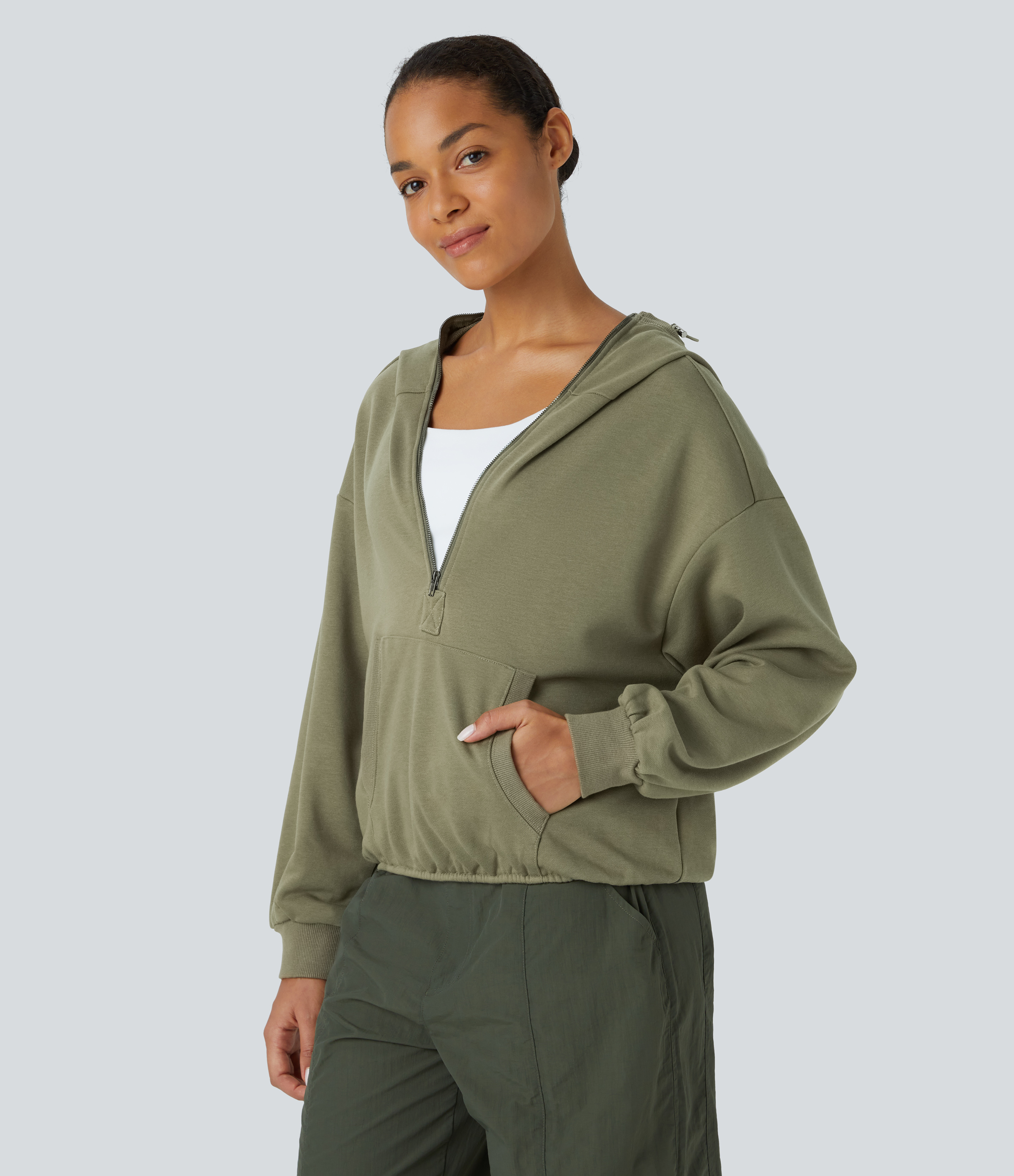 Halara Hooded Drawcord Half Zip Long Sleeve Kangaroo Pocket Casual Sweatshirt  - Aloe - L 