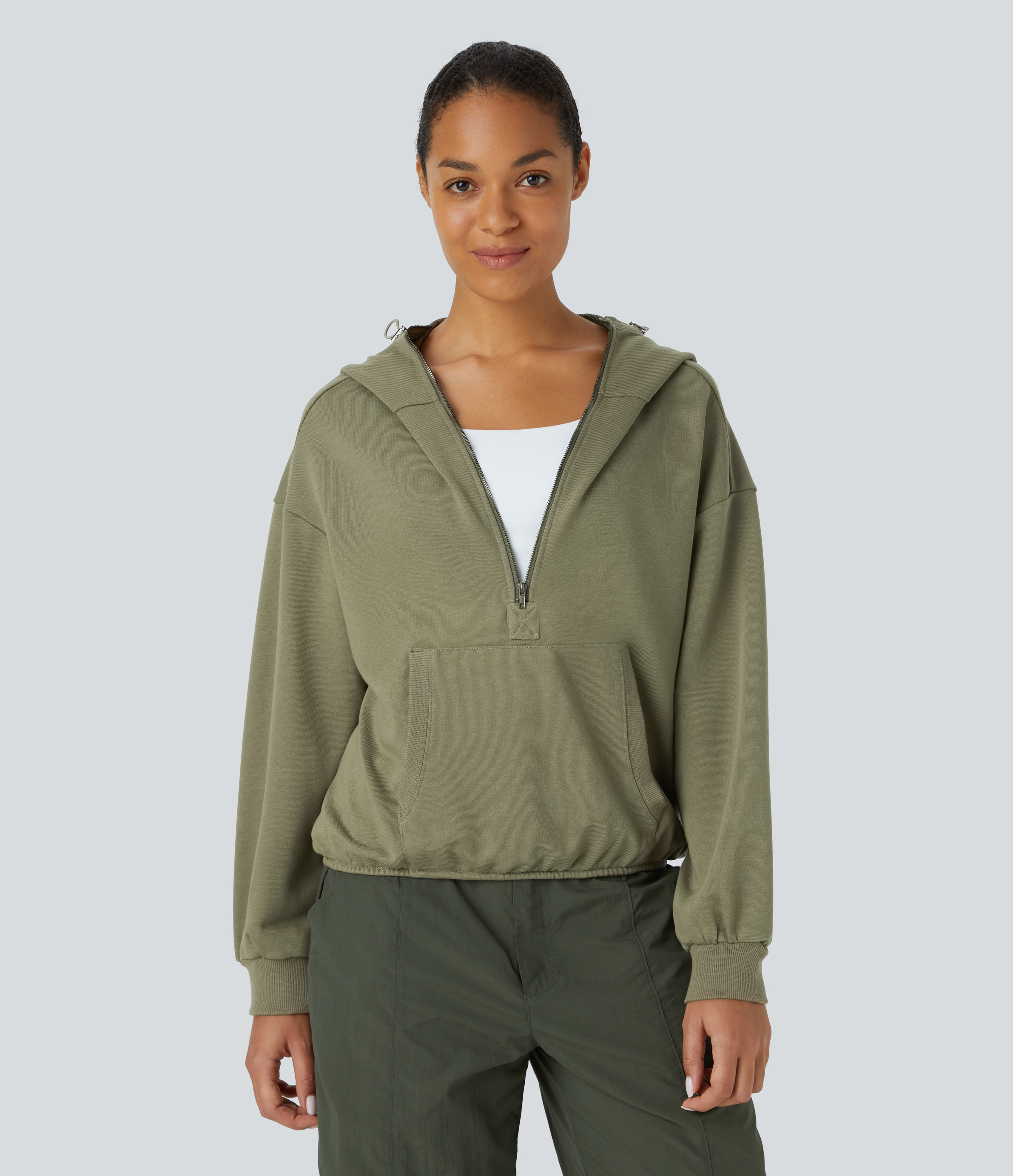 Halara Hooded Drawcord Half Zip Long Sleeve Kangaroo Pocket Casual Sweatshirt  - Aloe - L 