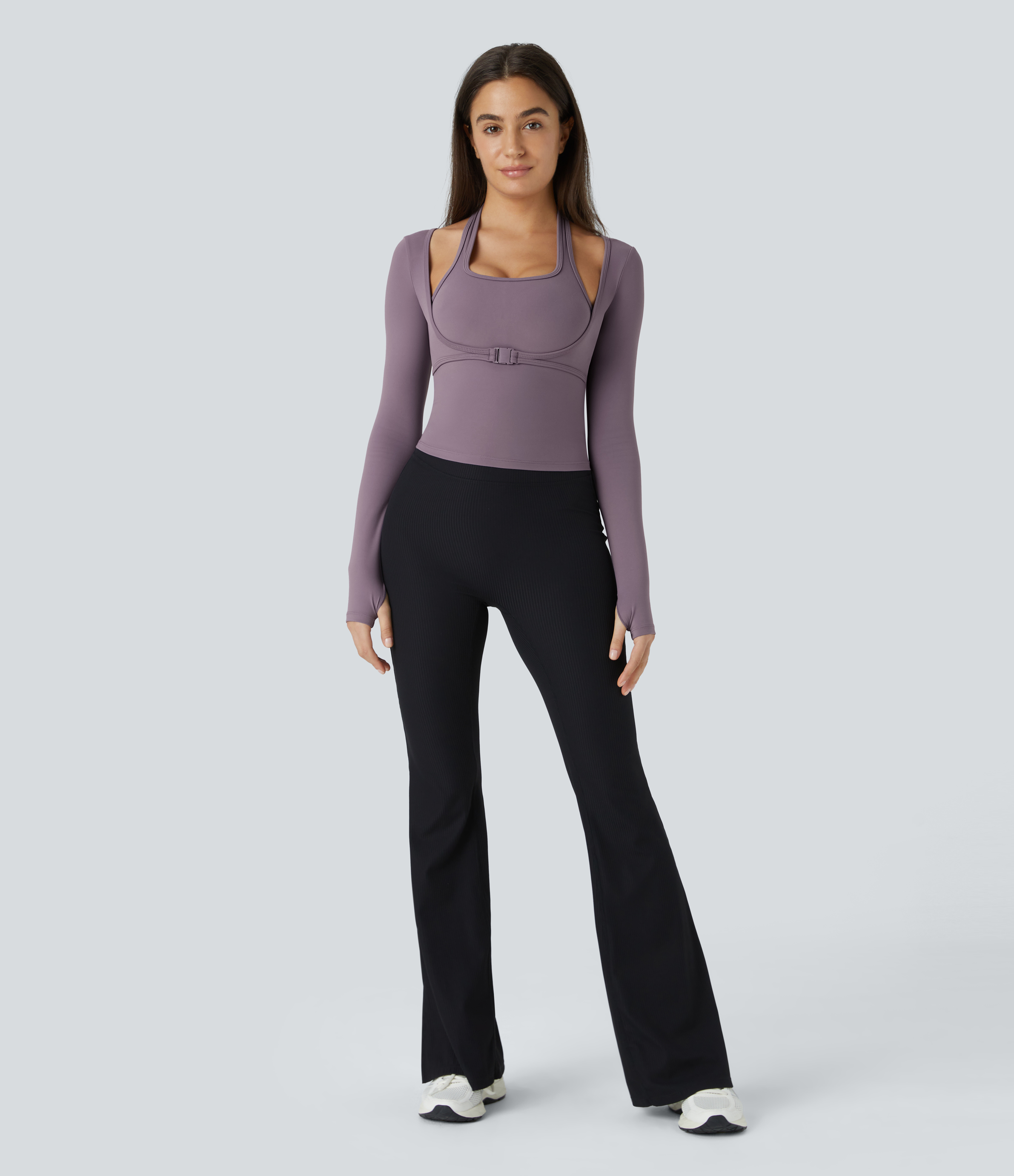 Halara Softlyzeroв„ў Plush Halter Thumb Hole Long Sleeve 2-in-1 Yoga Sports Top  - Tulip Purple - L(Long) 