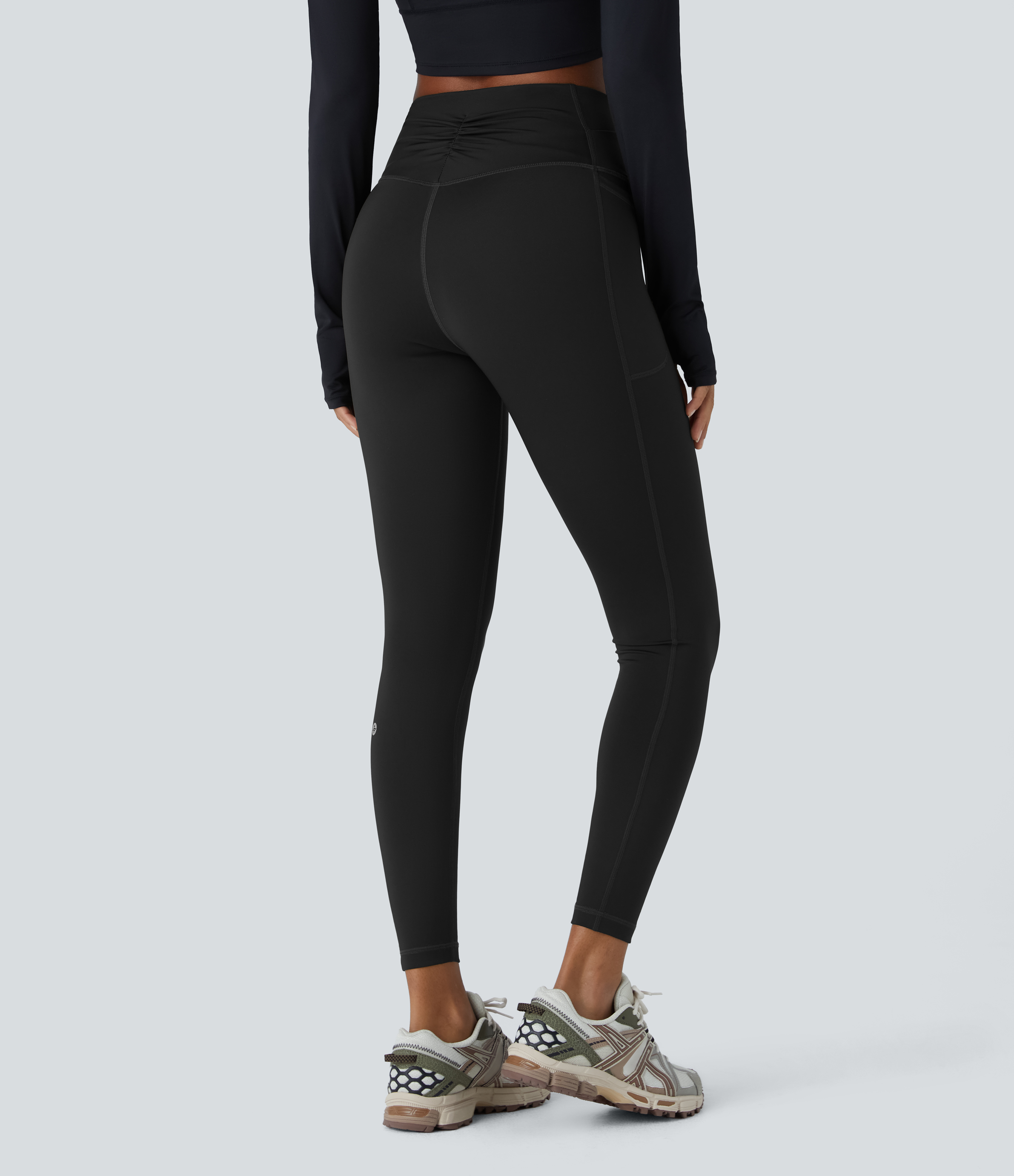 Halara SoCinched Wear-Resistant Crossover High Waisted Tummy Control Ruched Side Pocket 7/8 Workout Leggings  - Black - M(7/8) gym leggings 