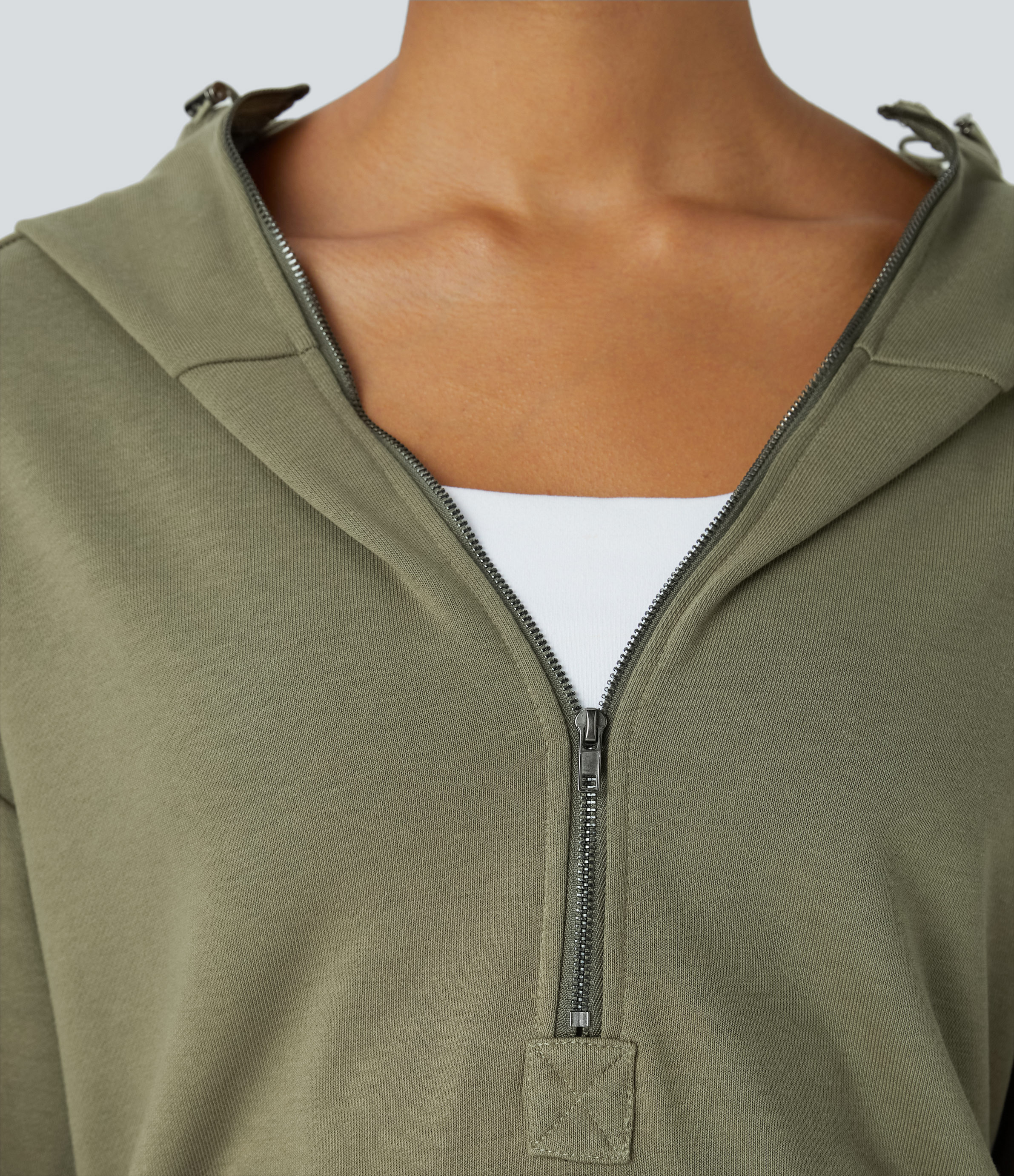 Halara Hooded Drawcord Half Zip Long Sleeve Kangaroo Pocket Casual Sweatshirt  - Aloe - L 
