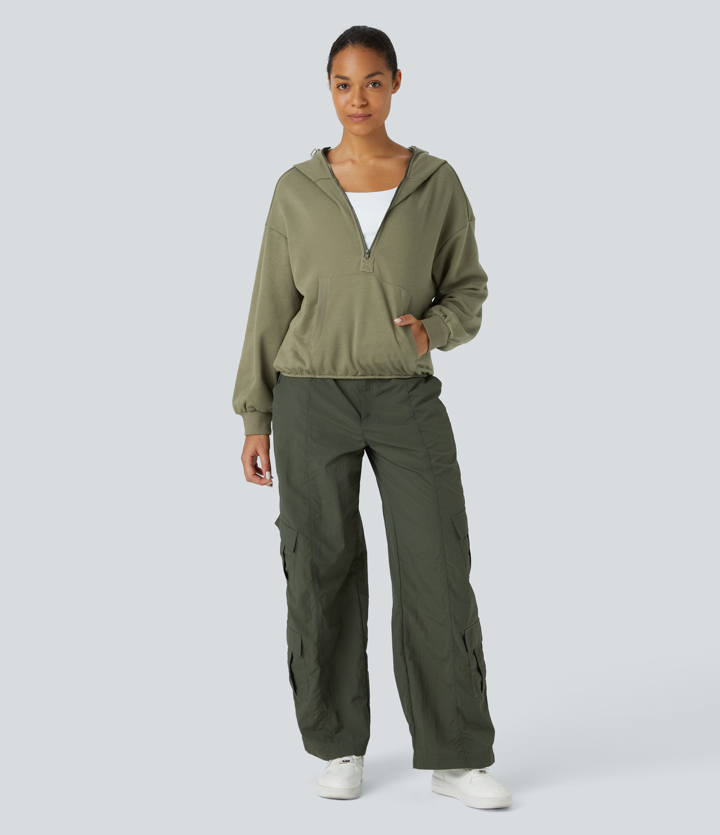 Halara Hooded Drawcord Half Zip Long Sleeve Kangaroo Pocket Casual Sweatshirt  - Aloe - L 