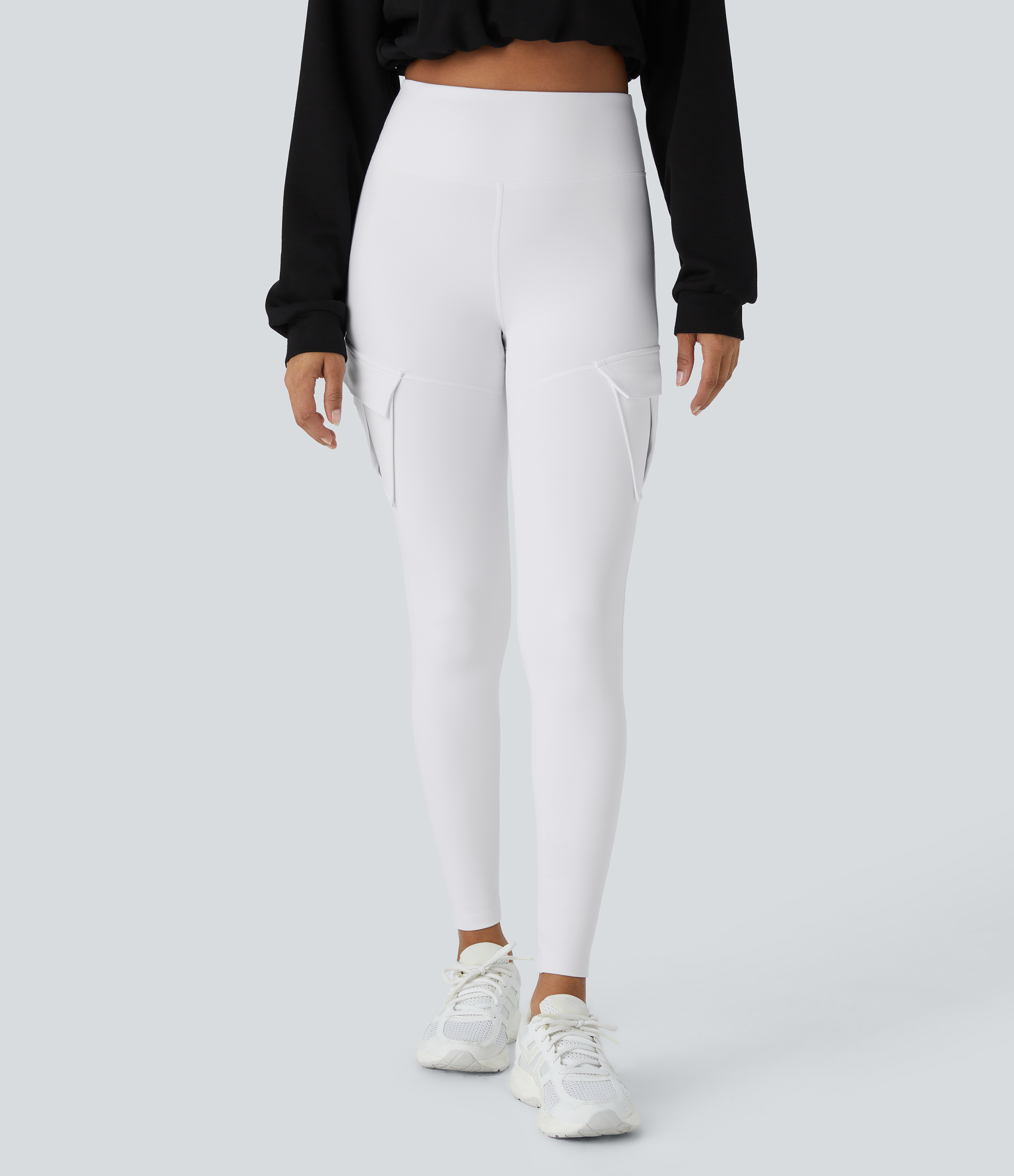 Halara High Waisted Cargo Pocket Skinny Yoga Leggings  - White - M(full_length) gym leggings leggings with pockets leggings with butt lift 