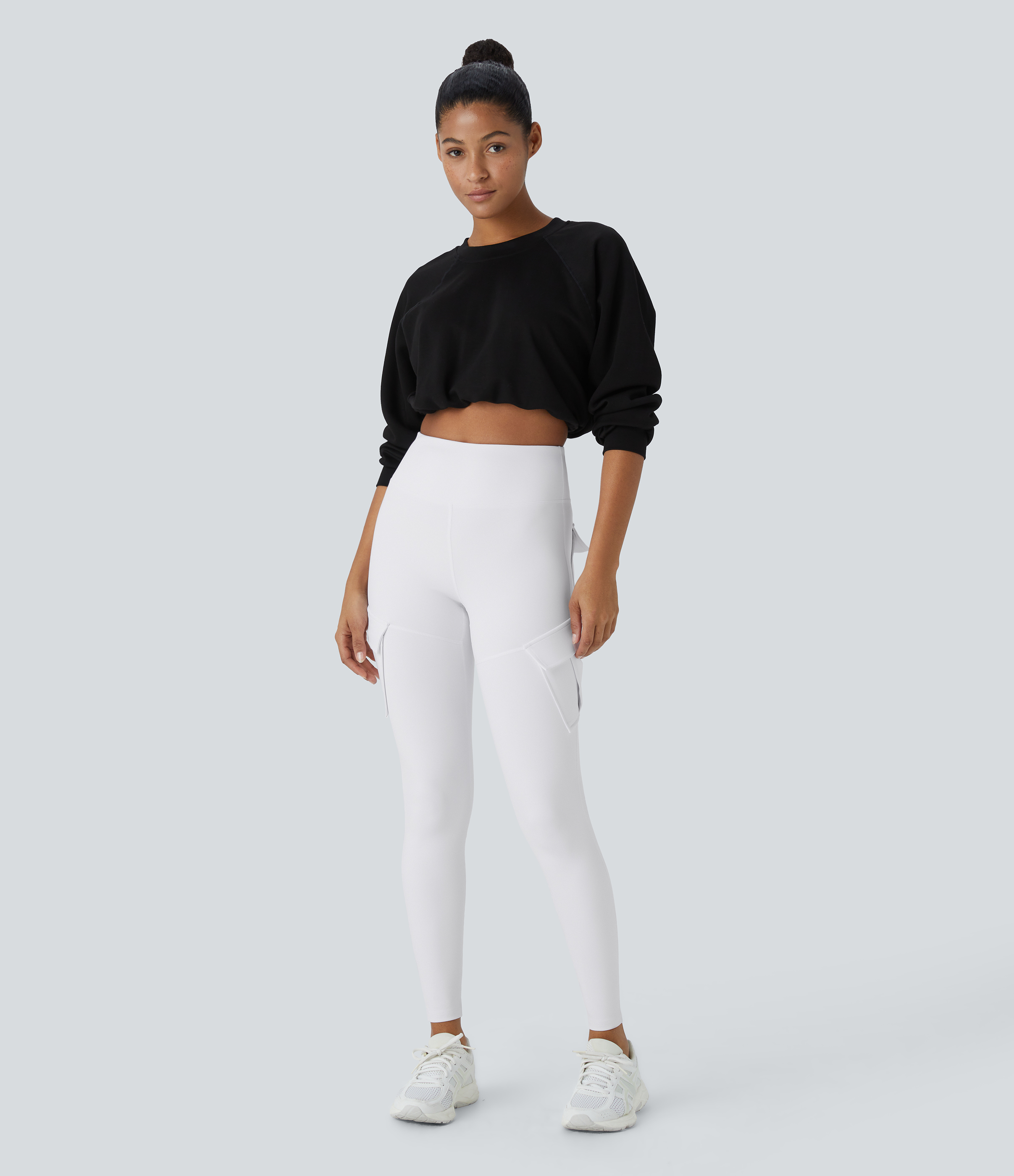 Halara High Waisted Cargo Pocket Skinny Yoga Leggings  - White - M(full_length) gym leggings leggings with pockets leggings with butt lift 