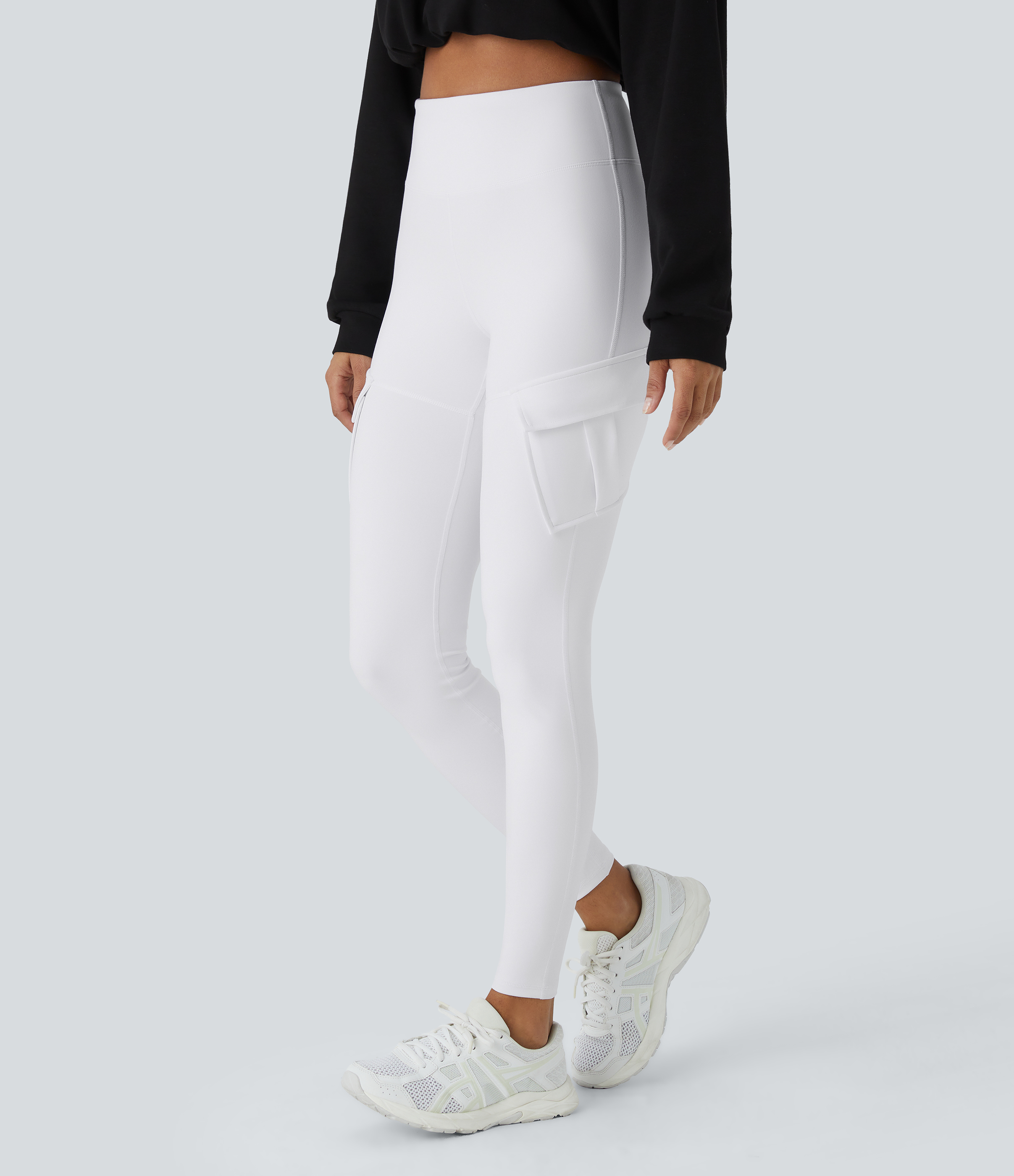 Halara High Waisted Cargo Pocket Skinny Yoga Leggings  - White - M(full_length) gym leggings leggings with pockets leggings with butt lift 