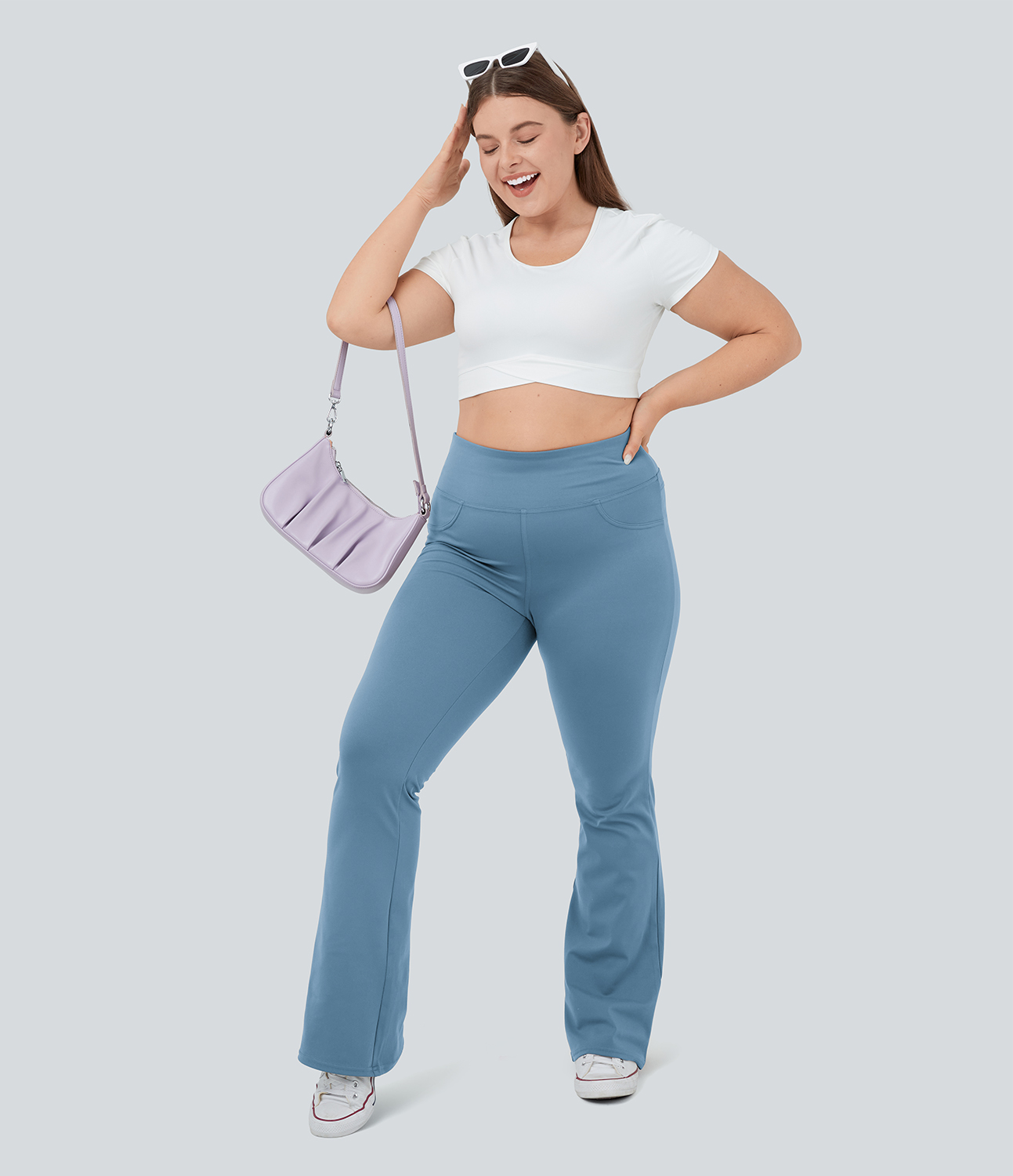 Halara High Waisted Back Pocket Flare Yoga Plus Size Leggings  - Light Azure - 1X(regular) 