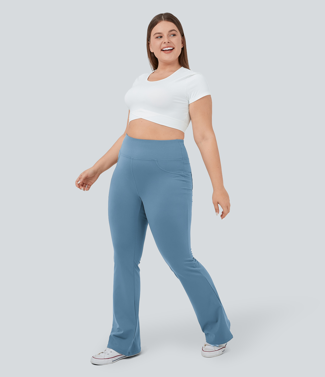 Halara High Waisted Back Pocket Flare Yoga Plus Size Leggings  - Light Azure - 1X(regular) 