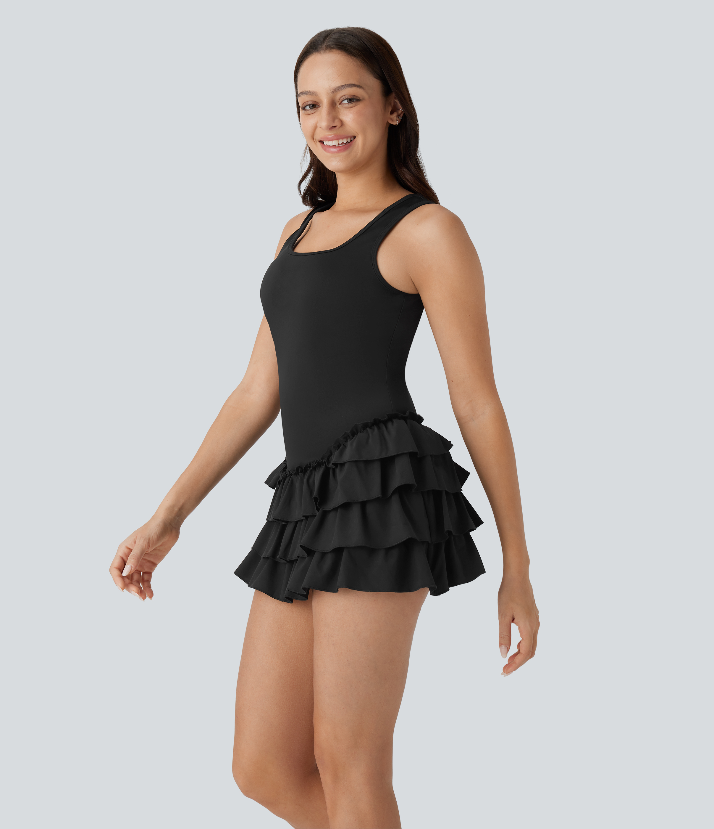 Halara Breezefulв„ў Square Neck Layered Ruffle 2 Piece Side Pocket Micro Mini Quick Dry Dance Active Dress Workout Dress - Black - XS 