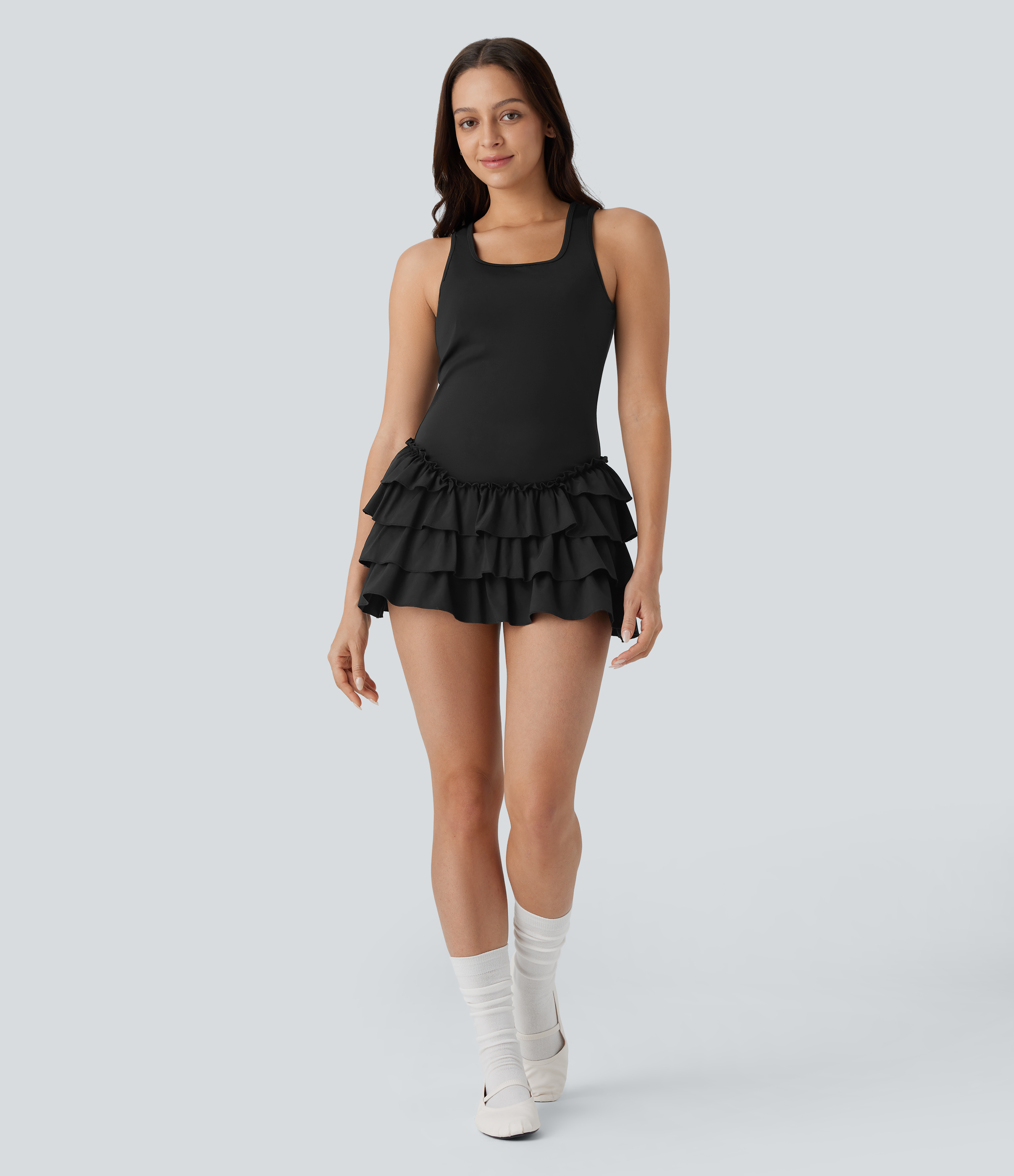 Halara Breezefulв„ў Square Neck Layered Ruffle 2 Piece Side Pocket Micro Mini Quick Dry Dance Active Dress Workout Dress - Black - XS 
