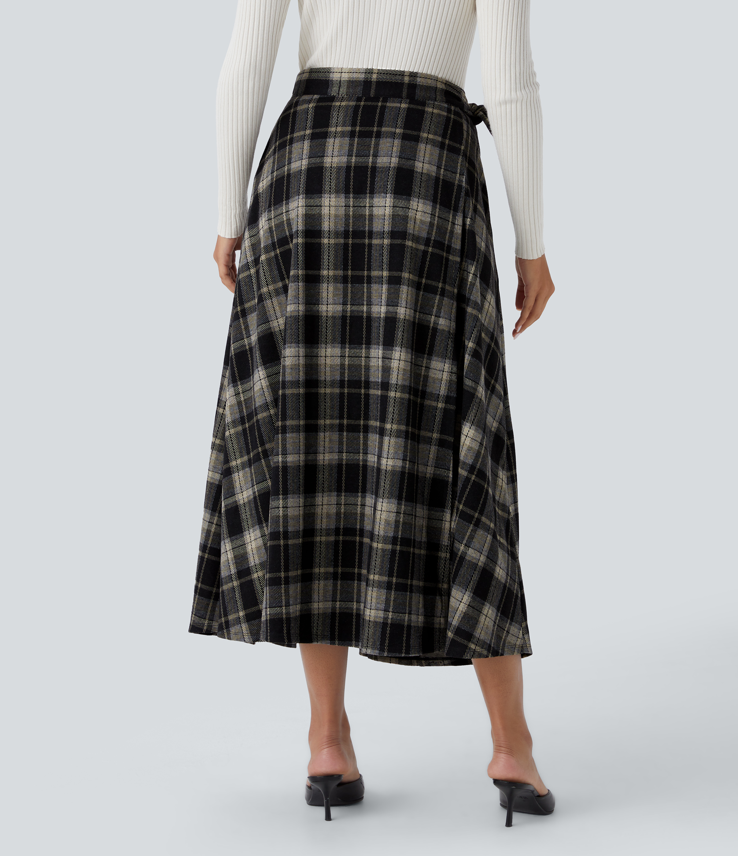 Halara High Waisted Belted Wrapped Side Pocket Plaid Midi Work Skirt-Front and Back Wearable  - Dark Yellow Plaid - S(regular) 