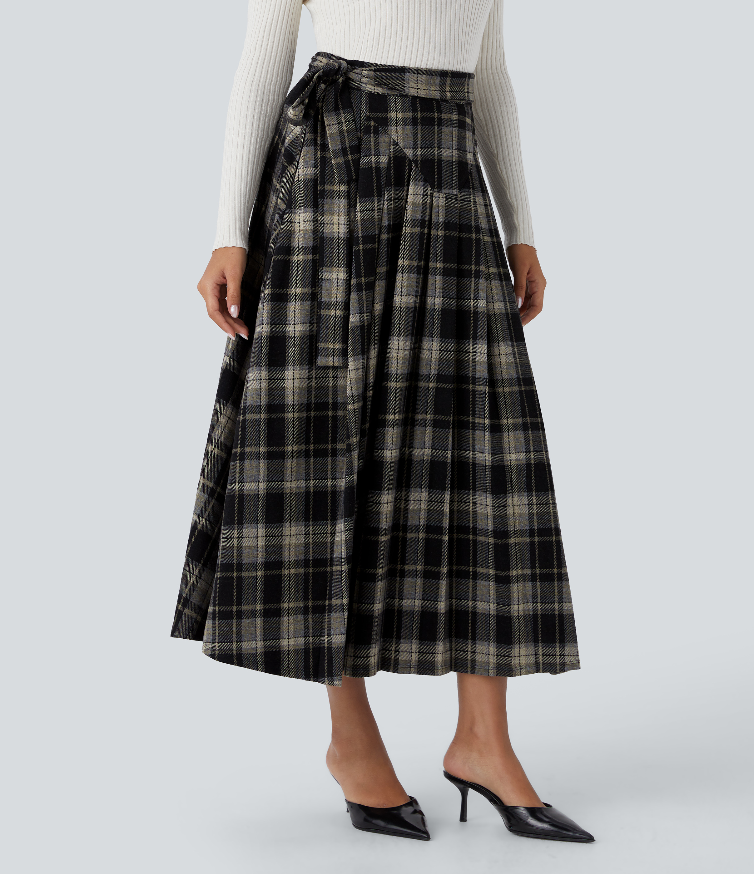 Halara High Waisted Belted Wrapped Side Pocket Plaid Midi Work Skirt-Front and Back Wearable  - Dark Yellow Plaid - S(regular) 