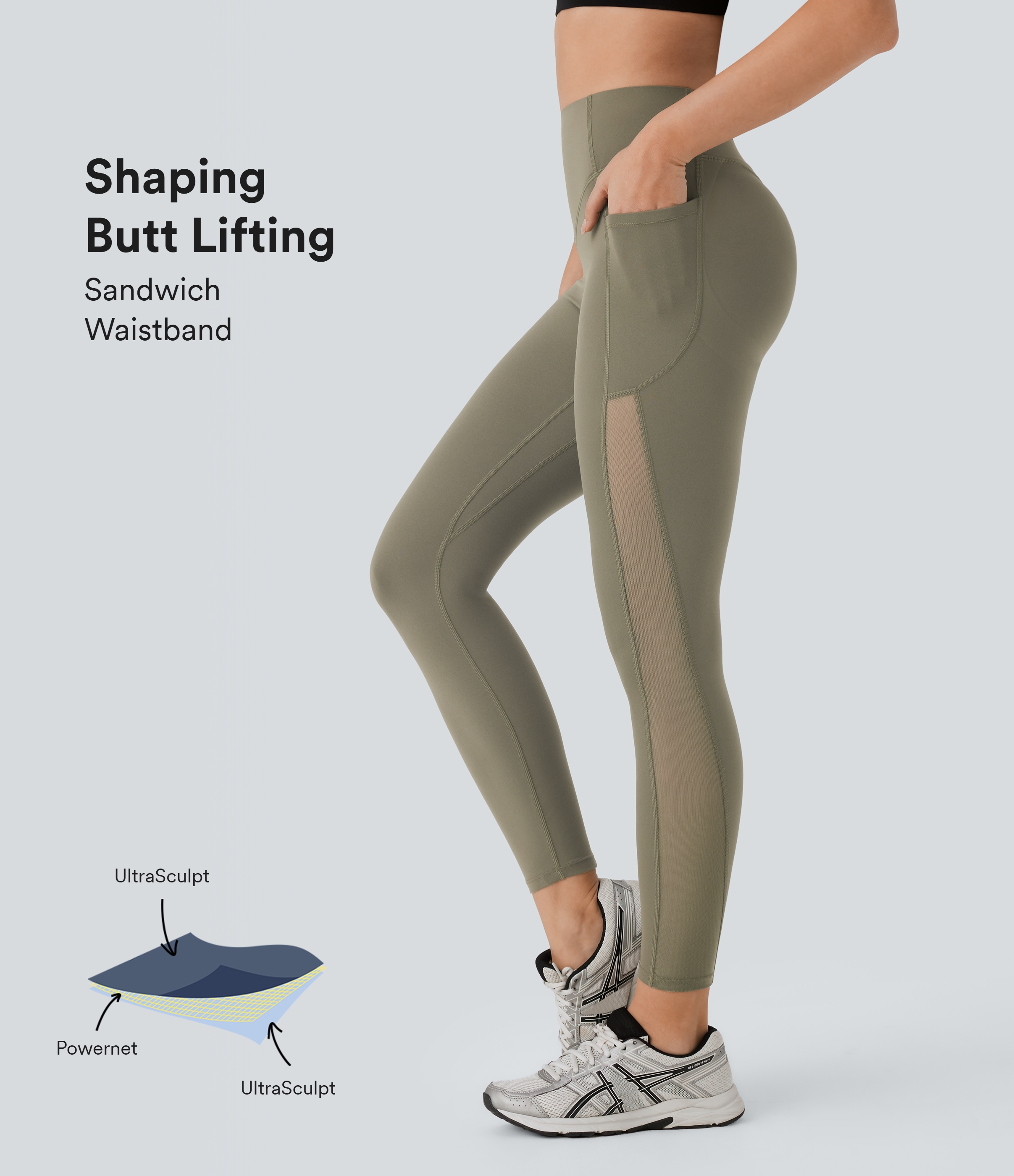 Halara Halara UltraSculptв„ў SoCinched High Waisted Butt Lifting Tummy Control Side Pocket Contrast Mesh Workout Leggings  - Grass Grey Green - XL(7/8) 