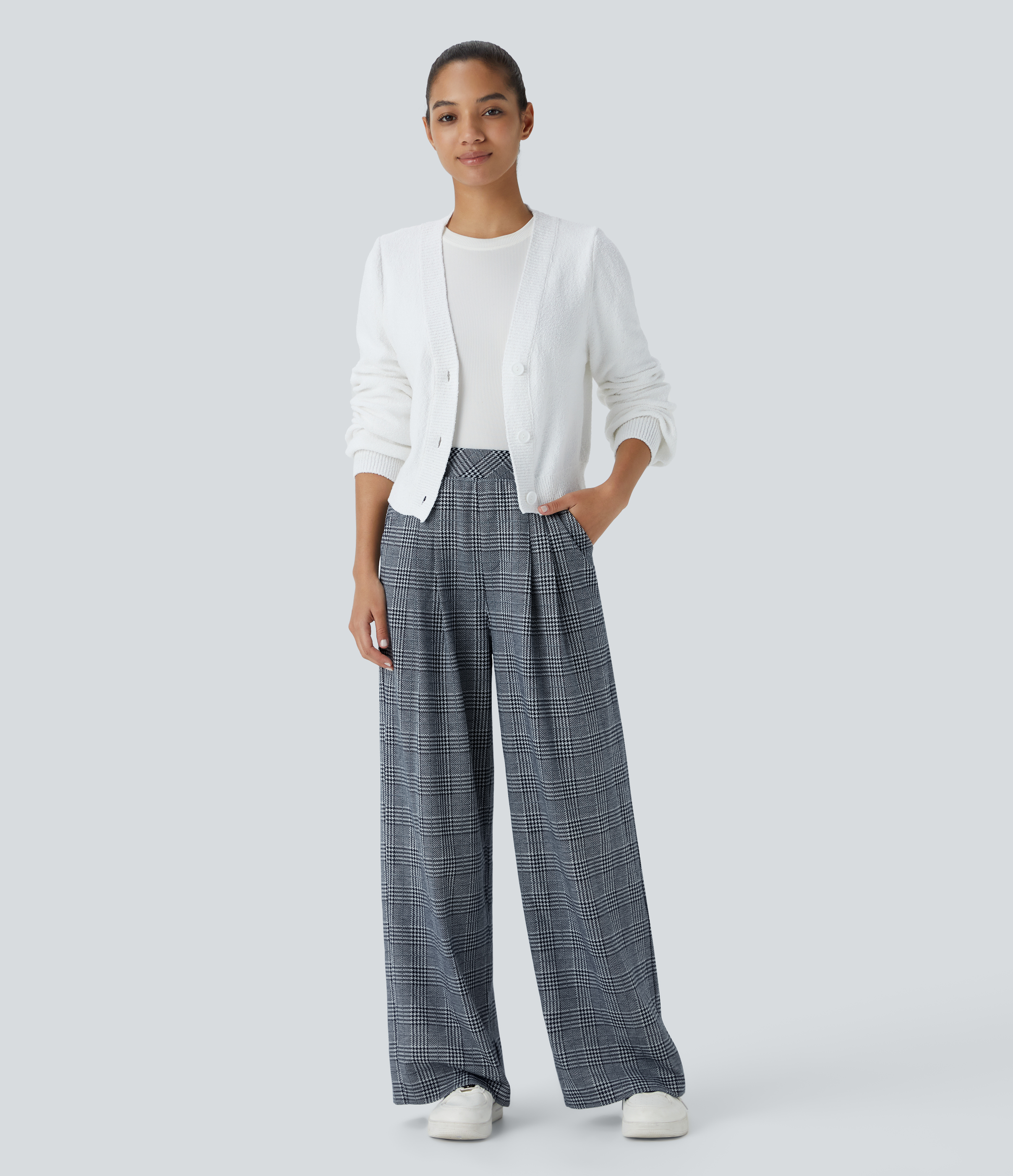 Halara High Waisted Plicated Side Pocket Wide Leg Houndstooth Plaid Casual Pants  - Navy Blue Houndstooth Plaid - XS(regular) sweatpants 