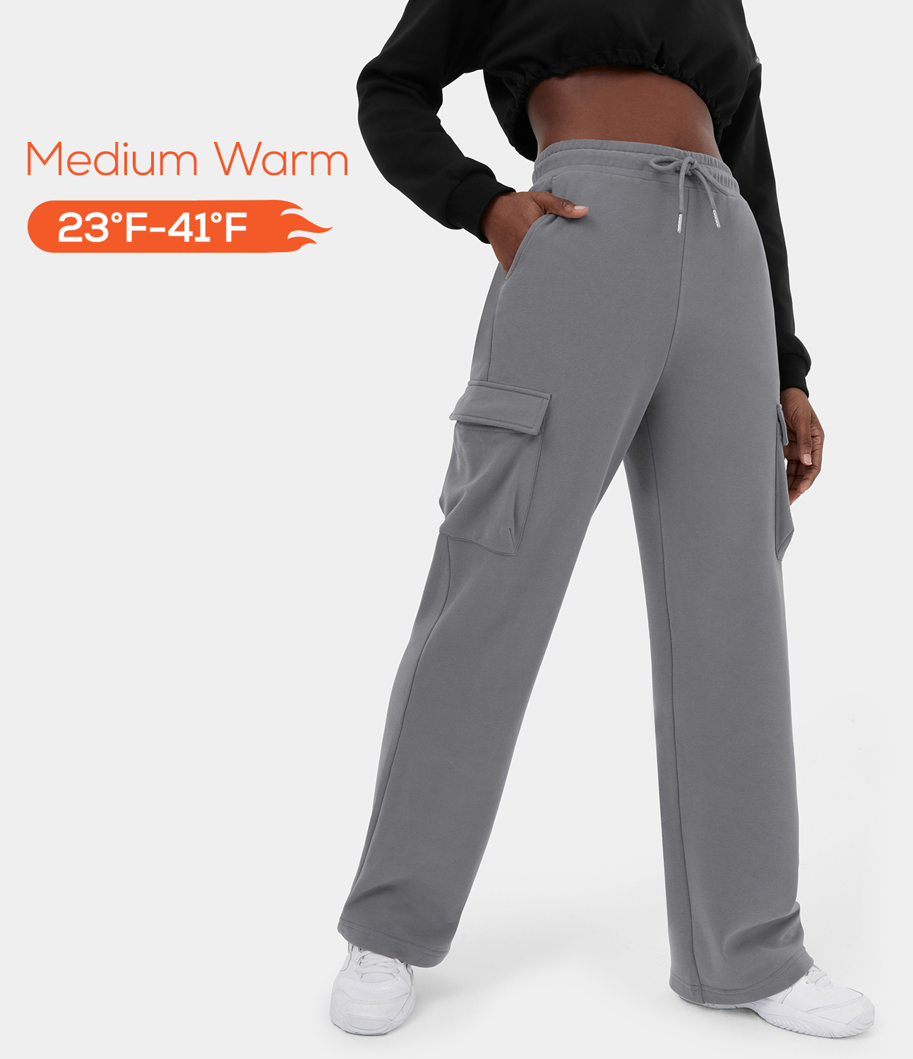 Women's High Waisted Drawstring Multiple Pockets Fleece Straight Leg