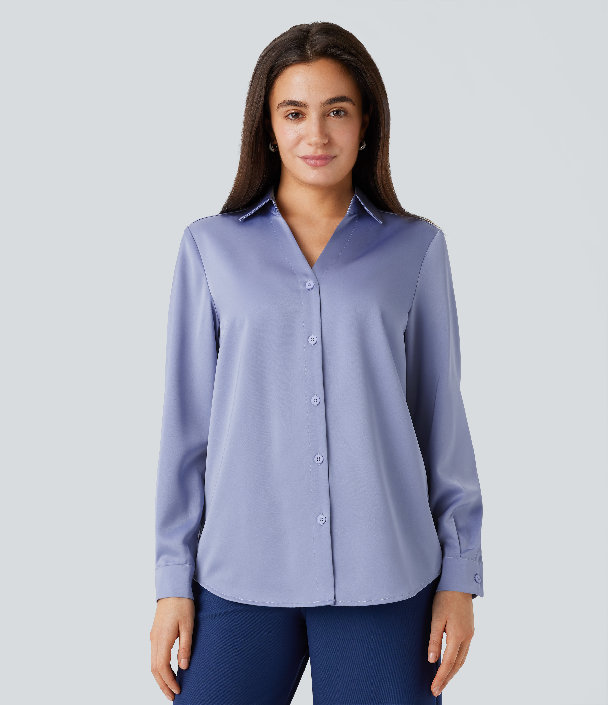 Halara Collared Button Long Sleeve Curved Hem Satin Work Shirt  - Country Blue - XL 