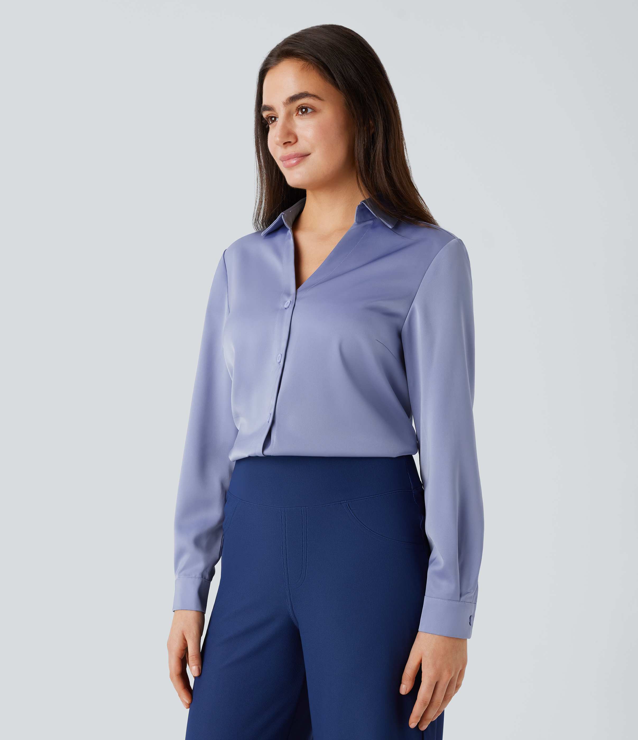 Halara Collared Button Long Sleeve Curved Hem Satin Work Shirt  - Country Blue - XL 