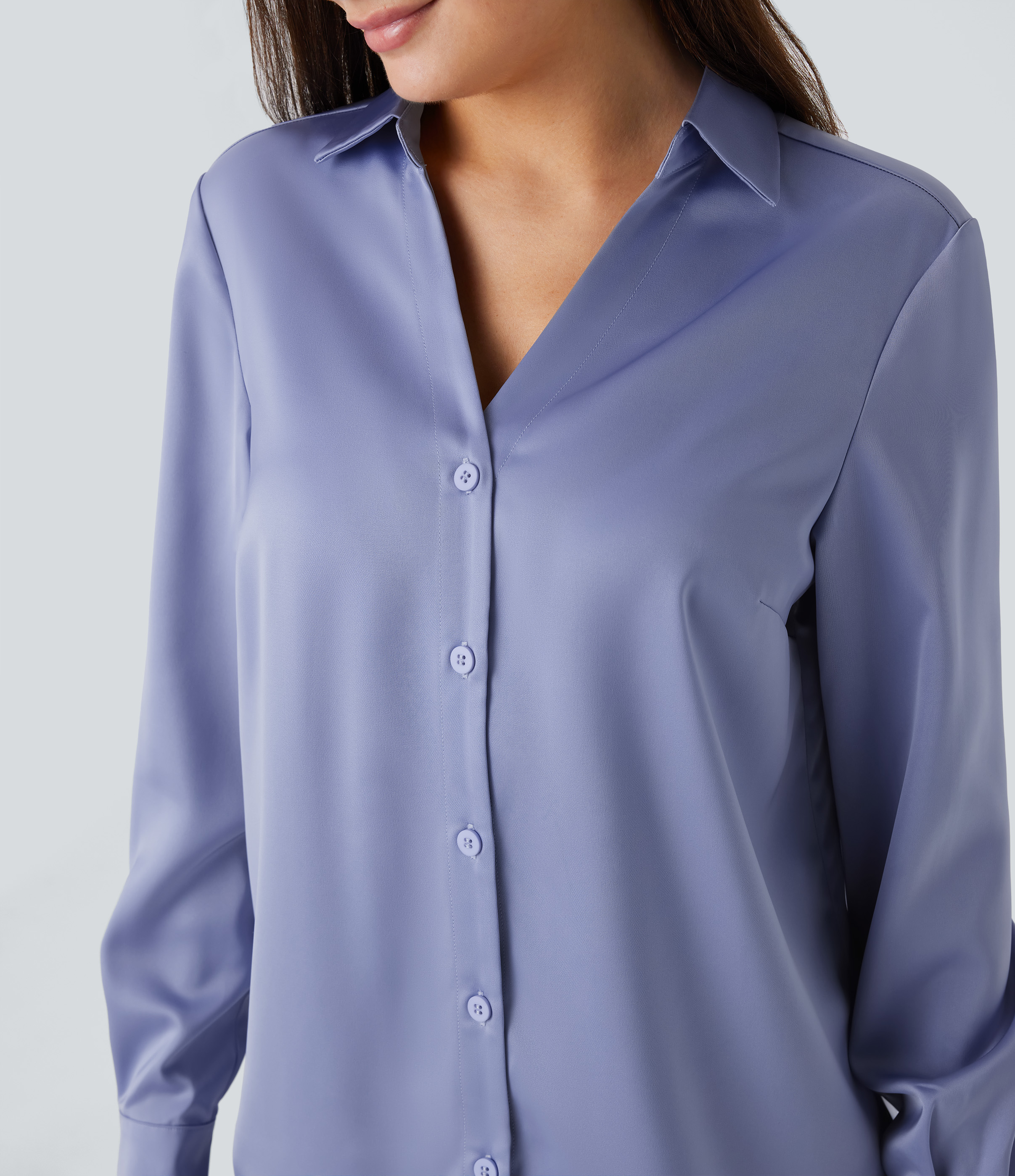 Halara Collared Button Long Sleeve Curved Hem Satin Work Shirt  - Country Blue - XL 