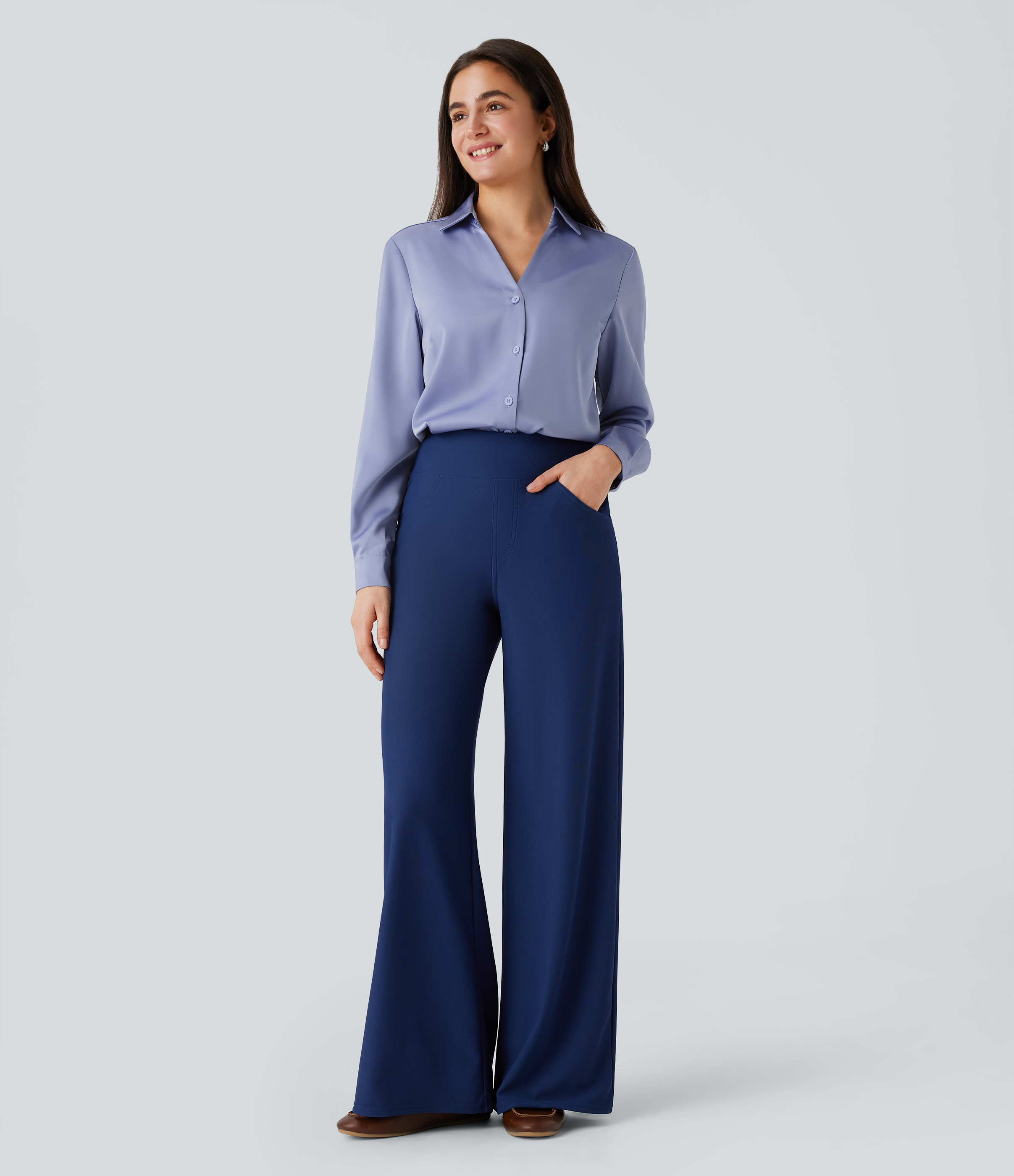 Halara Collared Button Long Sleeve Curved Hem Satin Work Shirt  - Country Blue - XL 
