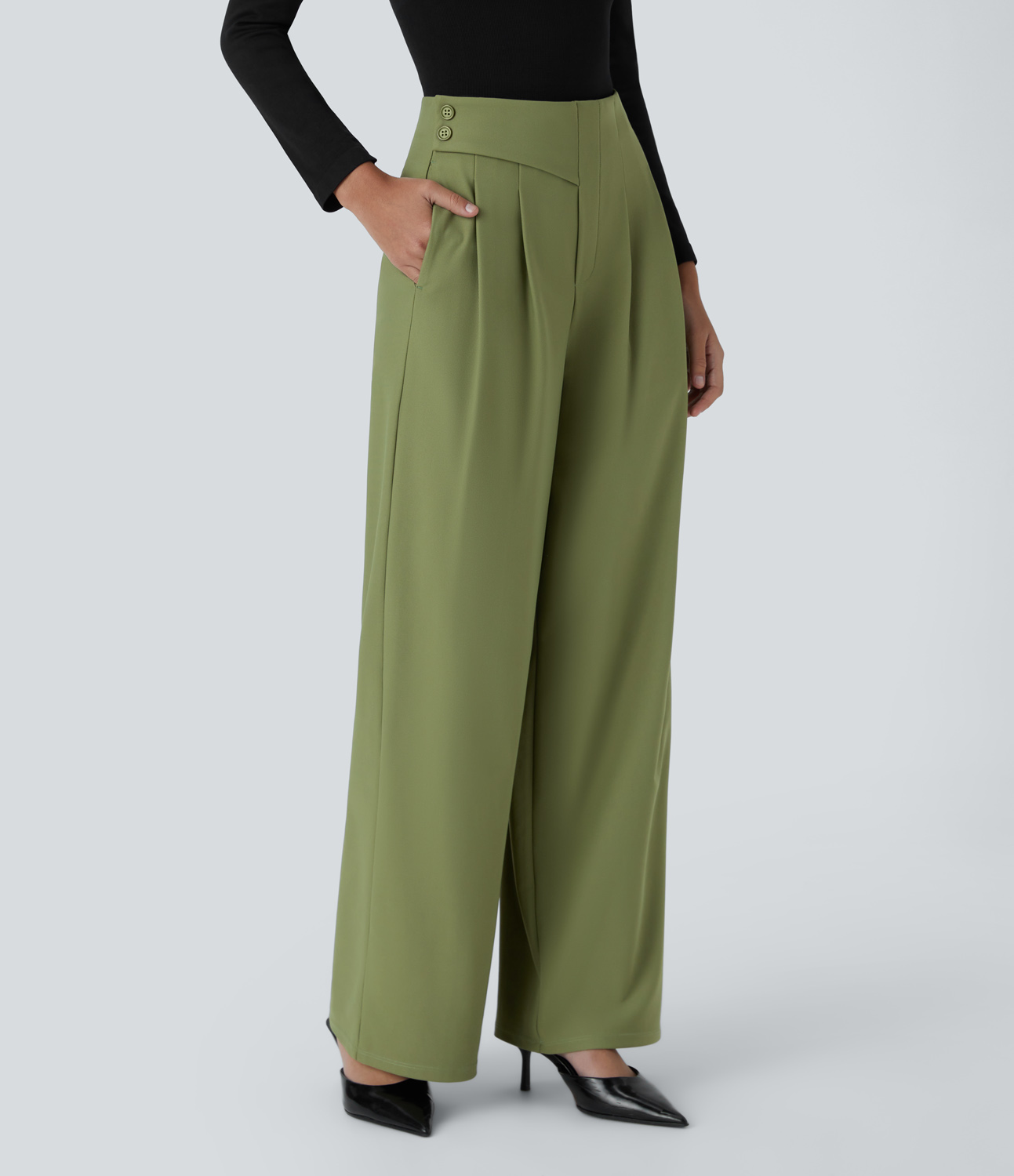 Halara Halara Flexв„ў High Waisted Decorative Button Side Pocket Straight Leg Twill Work Pants  - Calliste Green - XS(regular) sweatpants 