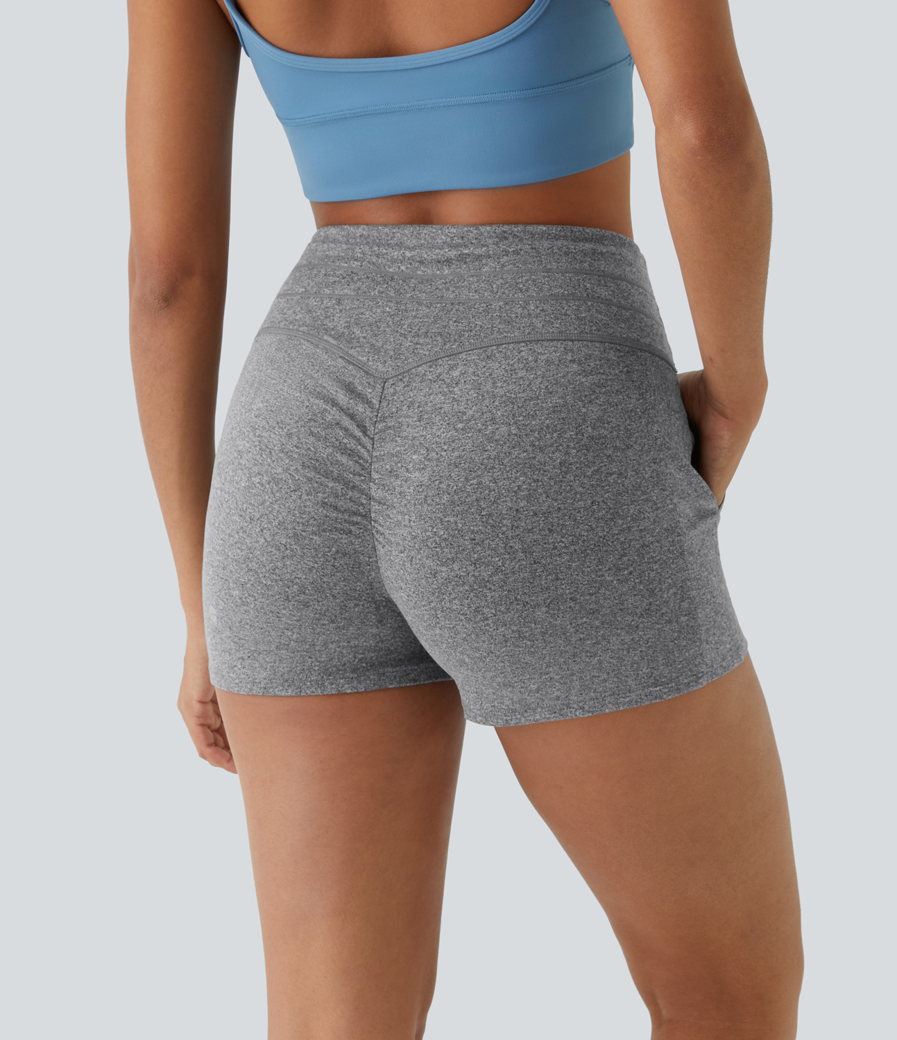 Halara High Waisted Drawstring Side Pocket Ruched Yoga Shorts Gym Short - Mottled Light Grey - S booty shorts compression shorts yoga shorts 