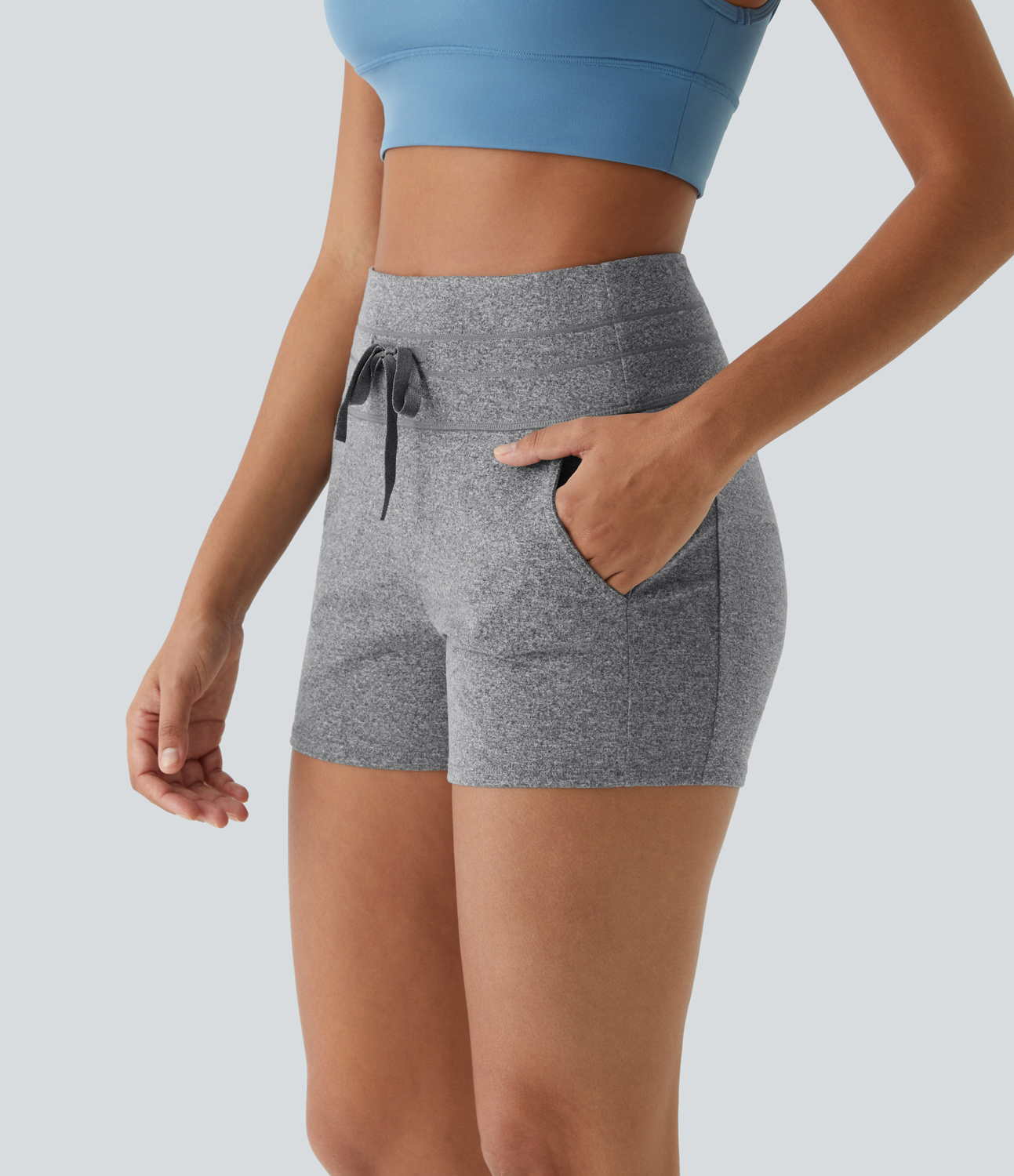 Halara High Waisted Drawstring Side Pocket Ruched Yoga Shorts Gym Short - Mottled Light Grey - S booty shorts compression shorts yoga shorts 