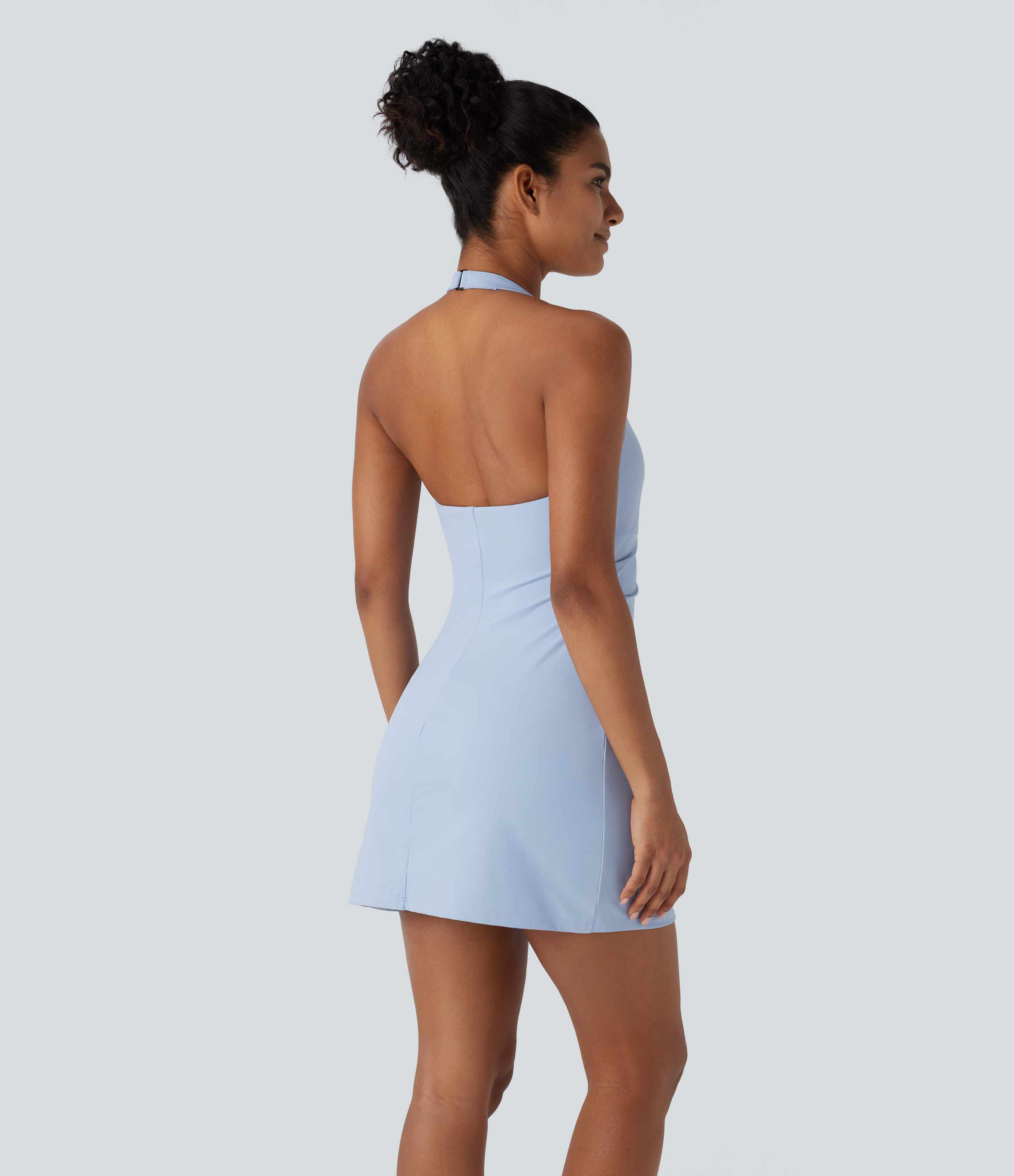 Halara Softlyzeroв„ў Airy Halter Backless 2-in-1 Side Pocket Cool Touch Mini Yoga Active Dress-UPF50+ Workout Dress - Angel Falls - XS 