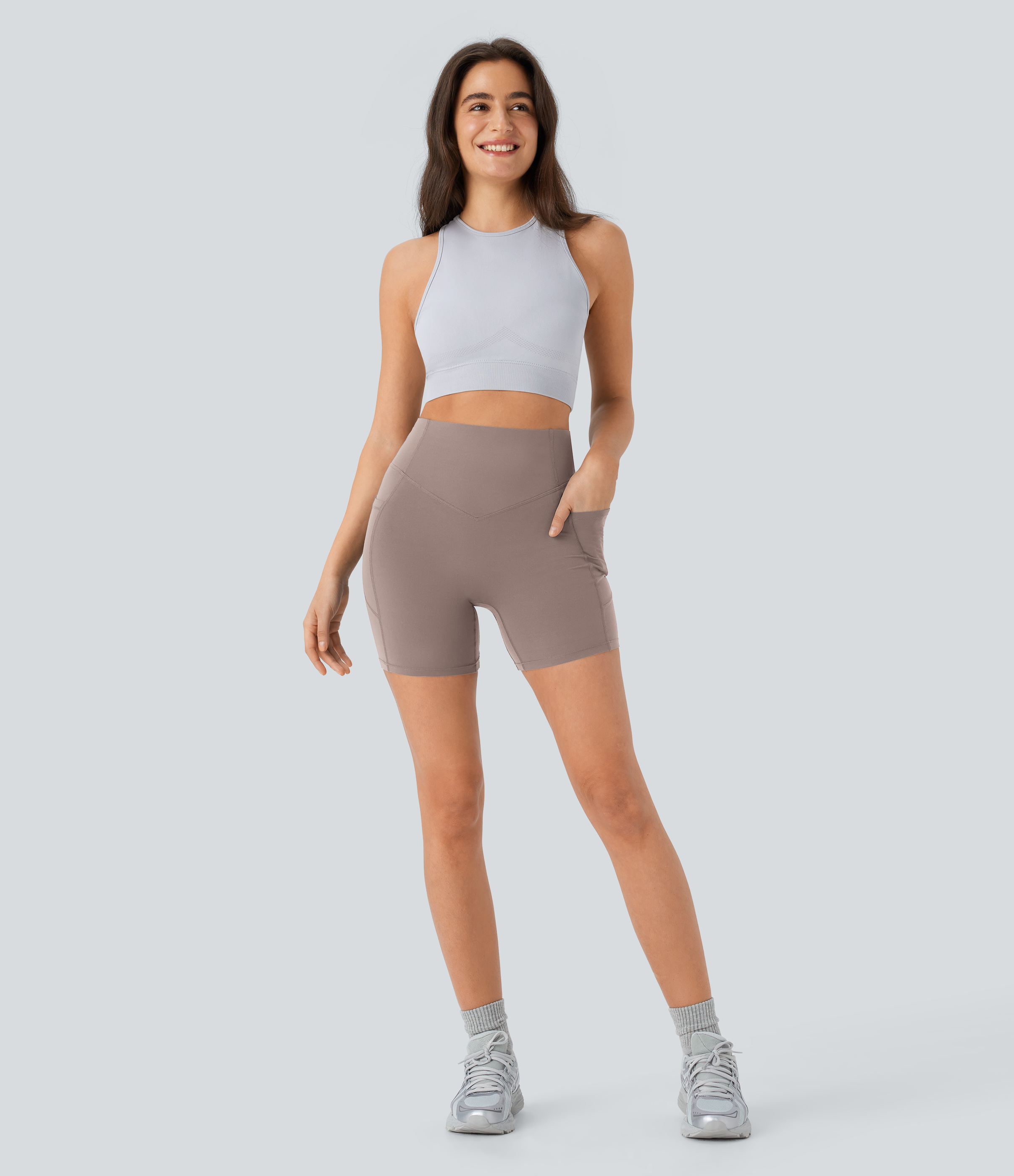 Halara SoCinched High Waisted Scrunch Butt Lifting Tummy Control Side Pocket Shaping Workout UltraSculpt Biker Shorts 5``  - Dawn Brown - S 