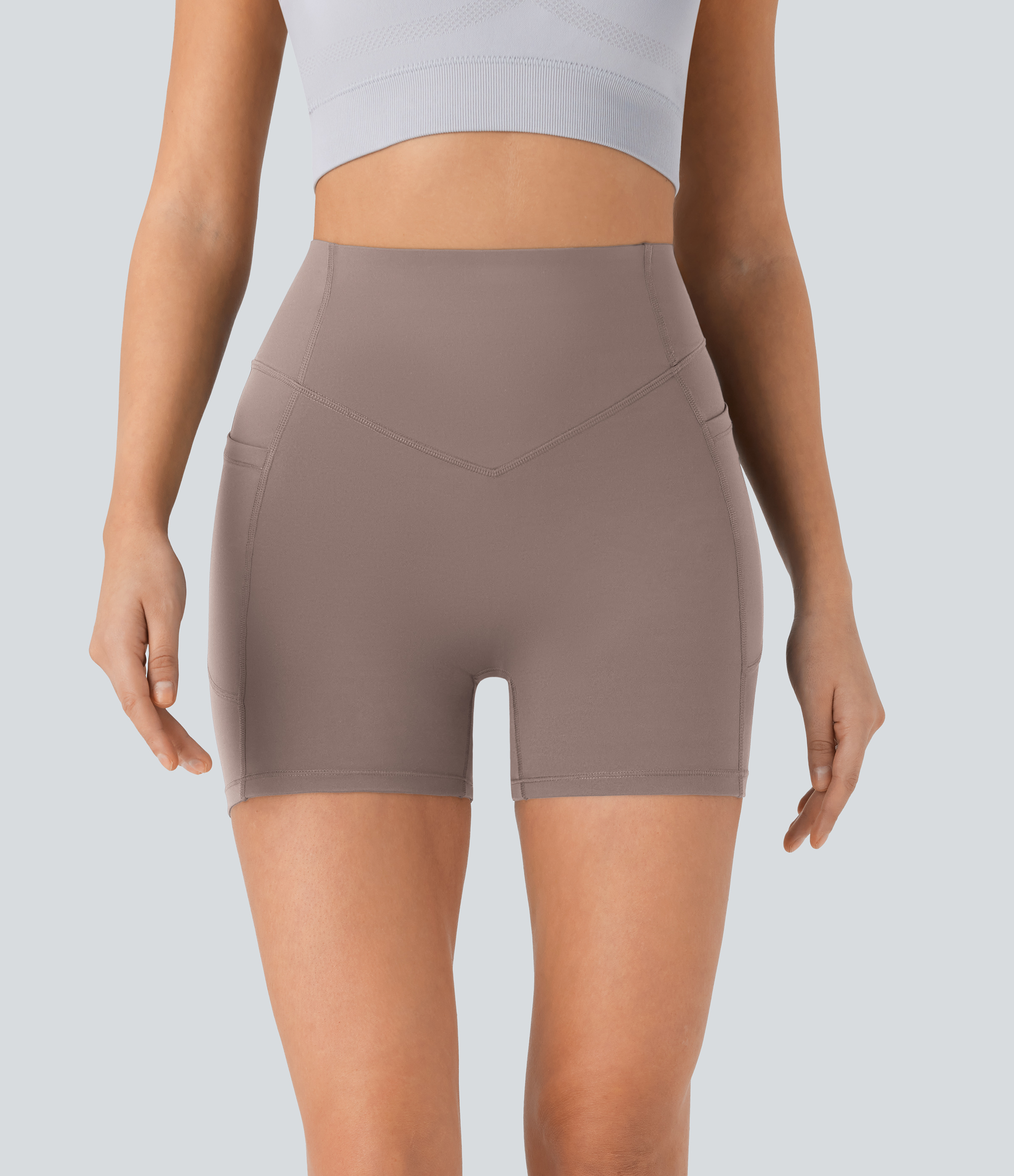 Halara SoCinched High Waisted Scrunch Butt Lifting Tummy Control Side Pocket Shaping Workout UltraSculpt Biker Shorts 5``  - Dawn Brown - S 