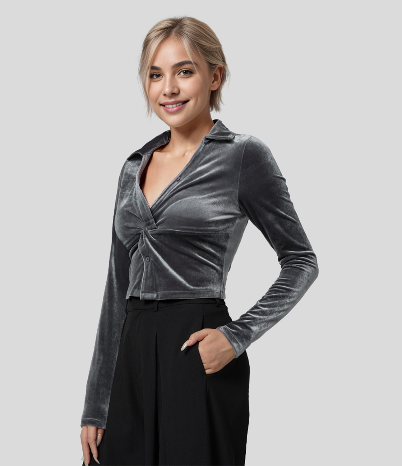 

Halara Collared V Neck Twisted Button Long Sleeve Velvet Cropped Casual Shirt - Lava Smoke