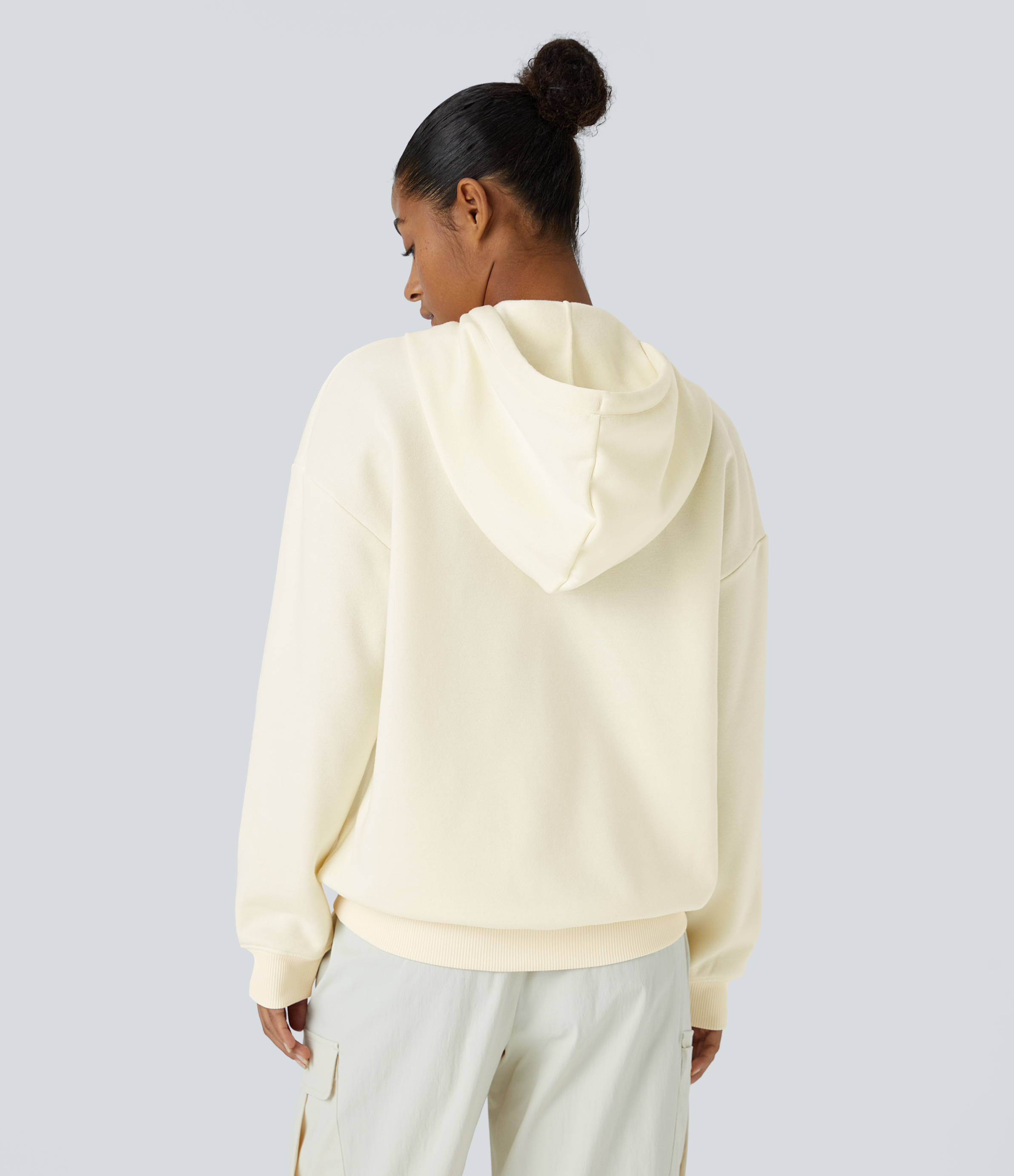 Halara Hooded Drawstring Snap Button Kangaroo Pocket Relaxed Fleece Casual Sweatshirt  - Vanilla Ice - XL 