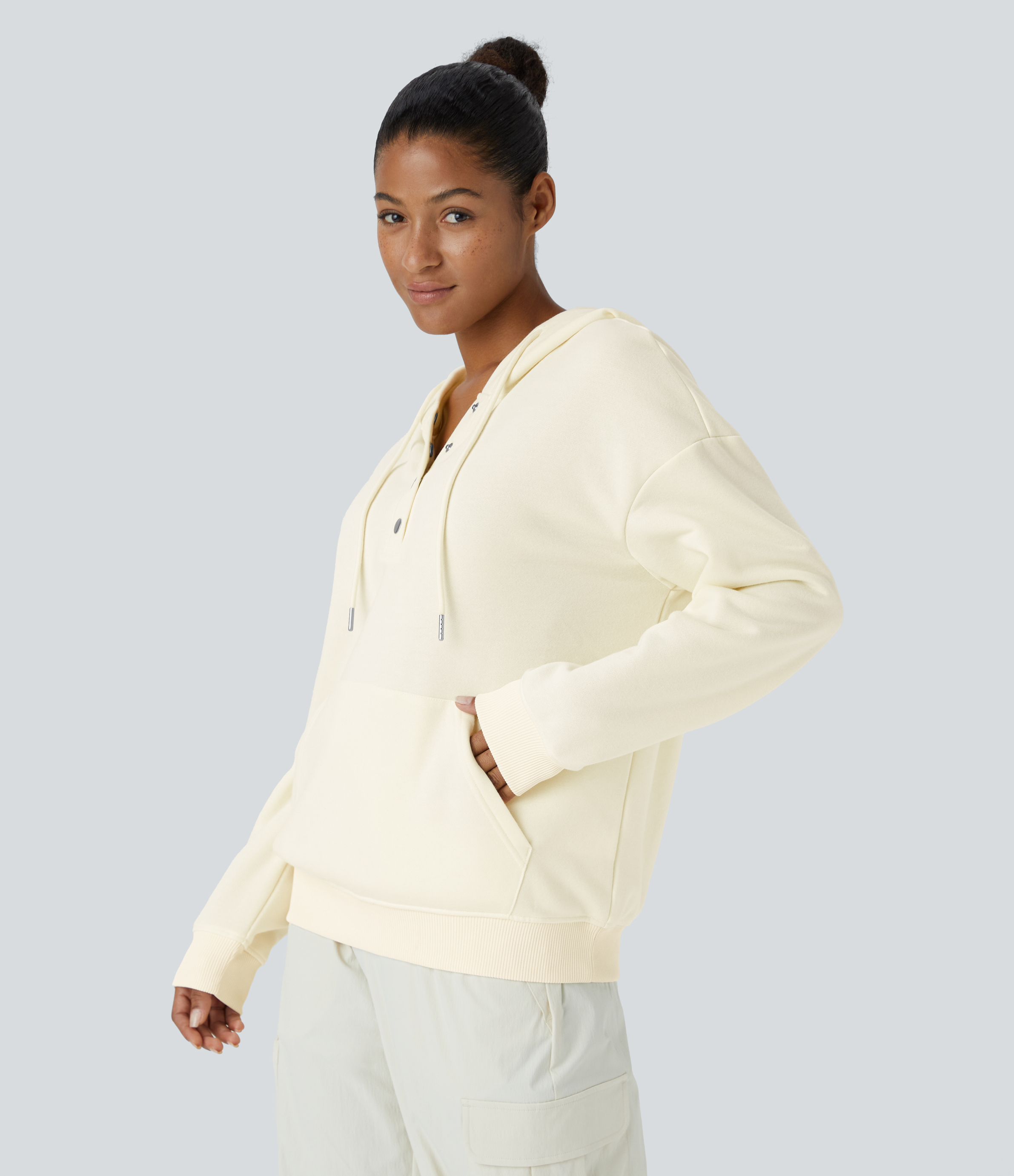Halara Hooded Drawstring Snap Button Kangaroo Pocket Relaxed Fleece Casual Sweatshirt  - Vanilla Ice - XL 
