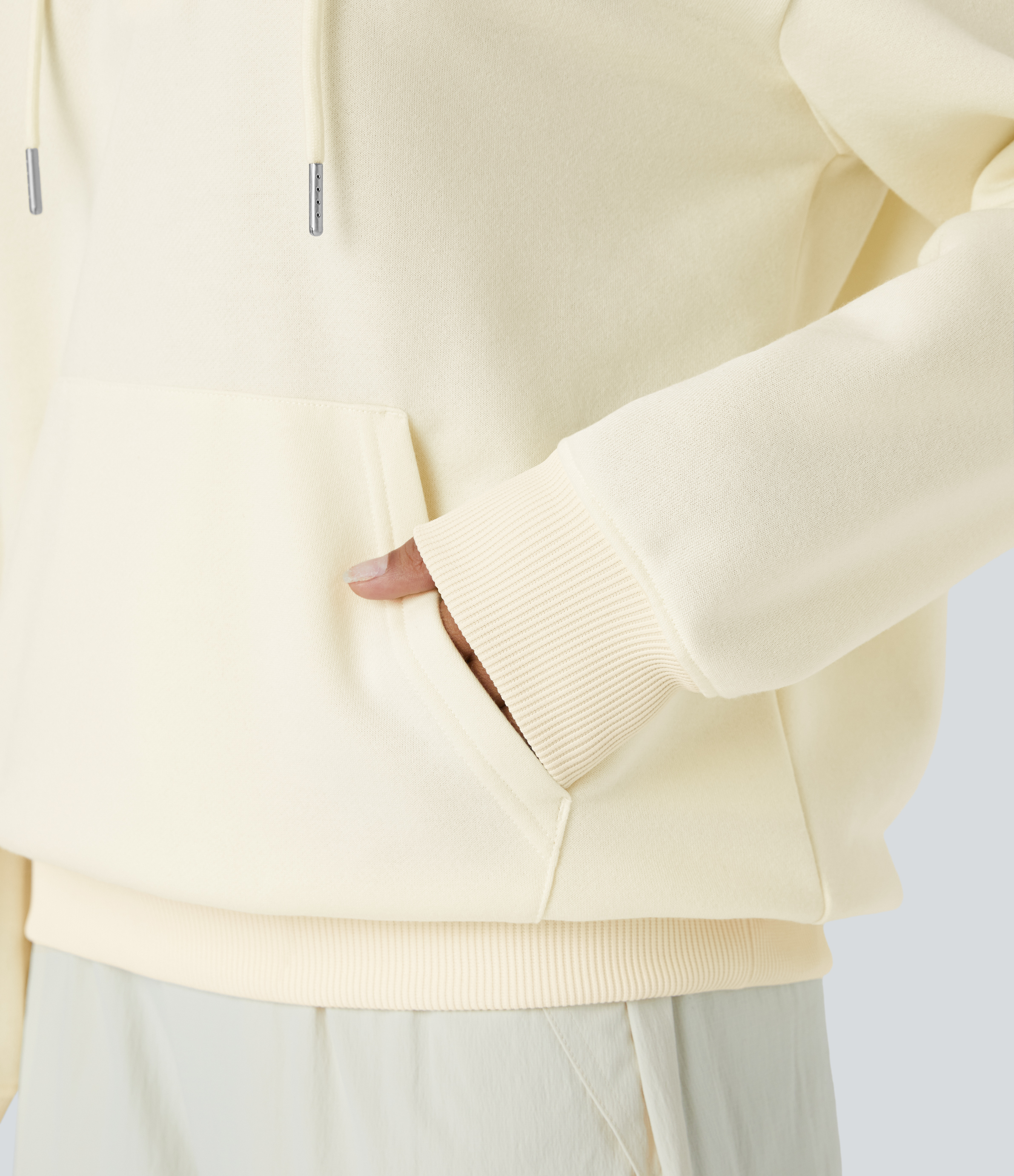 Halara Hooded Drawstring Snap Button Kangaroo Pocket Relaxed Fleece Casual Sweatshirt  - Vanilla Ice - XL 