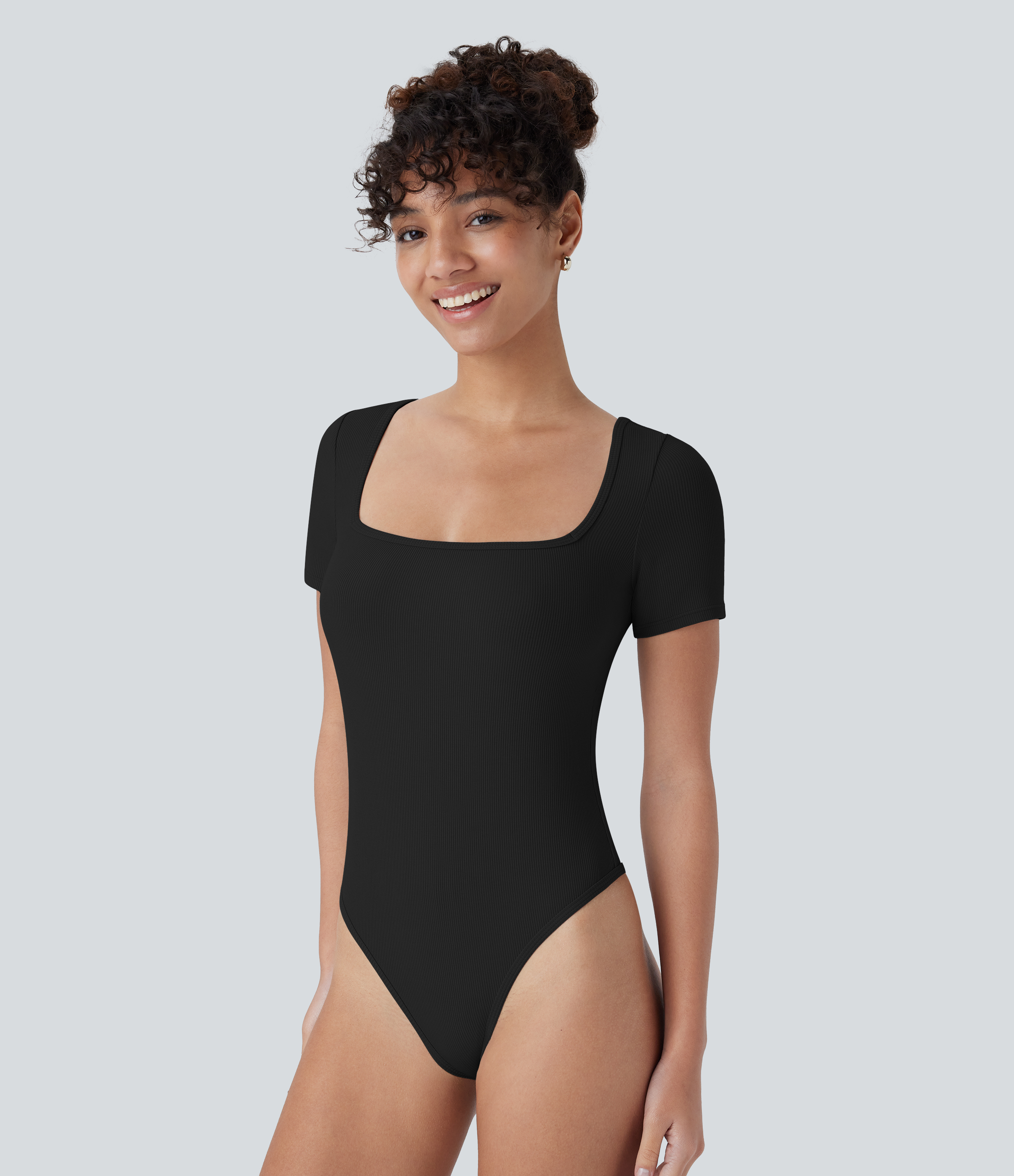 Body côtelé ajusté de travail col carré avec boutons