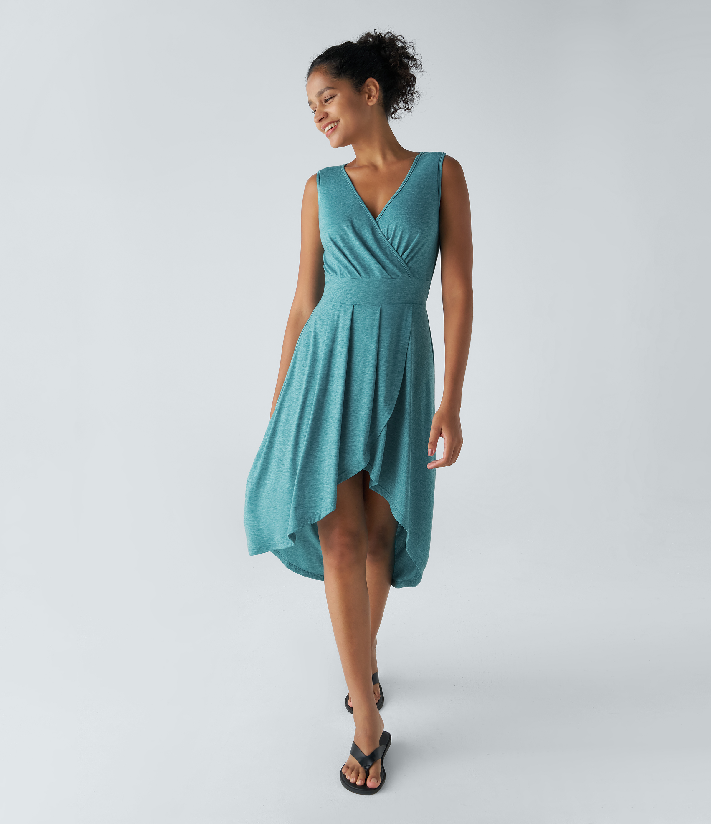 Halara Deep V Neck Sleeveless Plicated High Low Crossover Hem Flowy Midi Casual Dress Casual Dress - Stone Green Floral Yarn - L slip dress 