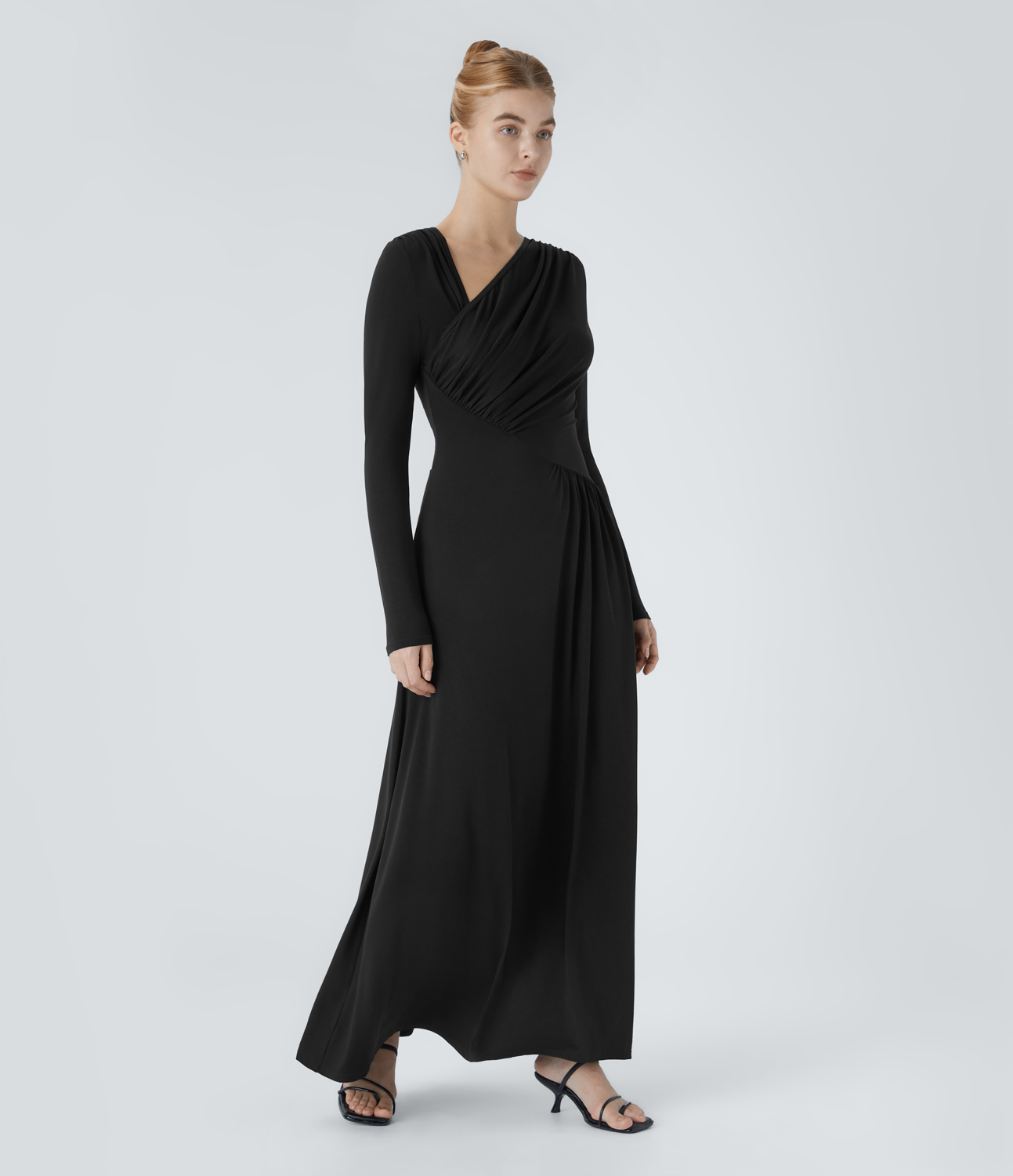 Halara Asymmetric Neck Long Sleeve Plicated Side Pocket Flowy Maxi Casual Dress Casual Dress - Black - M slip dress beach dress ruched dress 