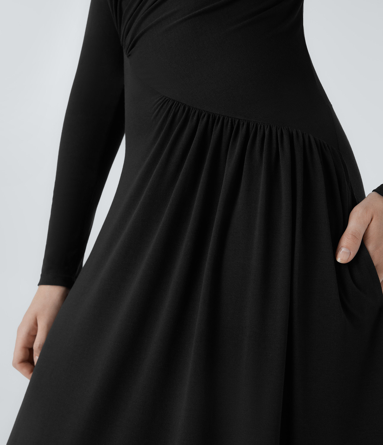 Halara Asymmetric Neck Long Sleeve Plicated Side Pocket Flowy Maxi Casual Dress Casual Dress - Black - M slip dress beach dress ruched dress 
