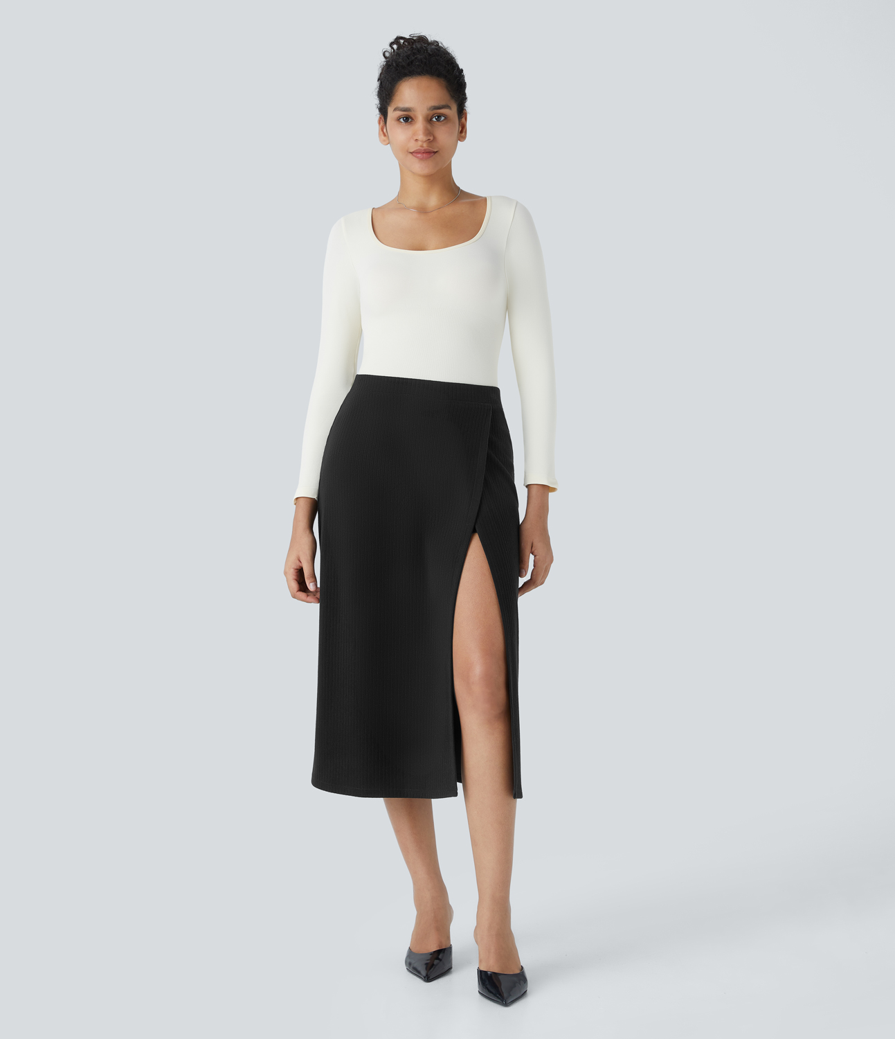 Halara Ribbed Knit High Waisted Split 2-in-1 Midi Casual Skirt  - Black - XL(regular) 