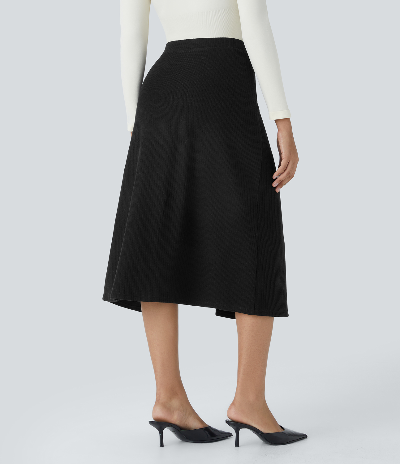 Halara Ribbed Knit High Waisted Split 2-in-1 Midi Casual Skirt  - Black - XL(regular) 
