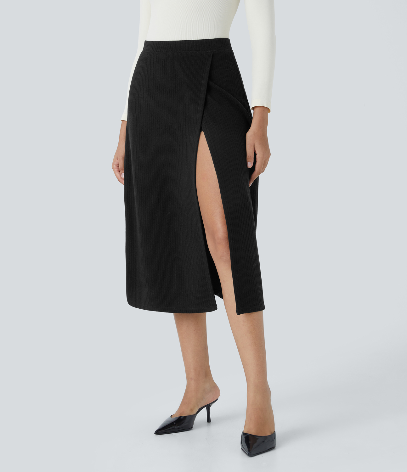 Halara Ribbed Knit High Waisted Split 2-in-1 Midi Casual Skirt  - Black - XL(regular) 