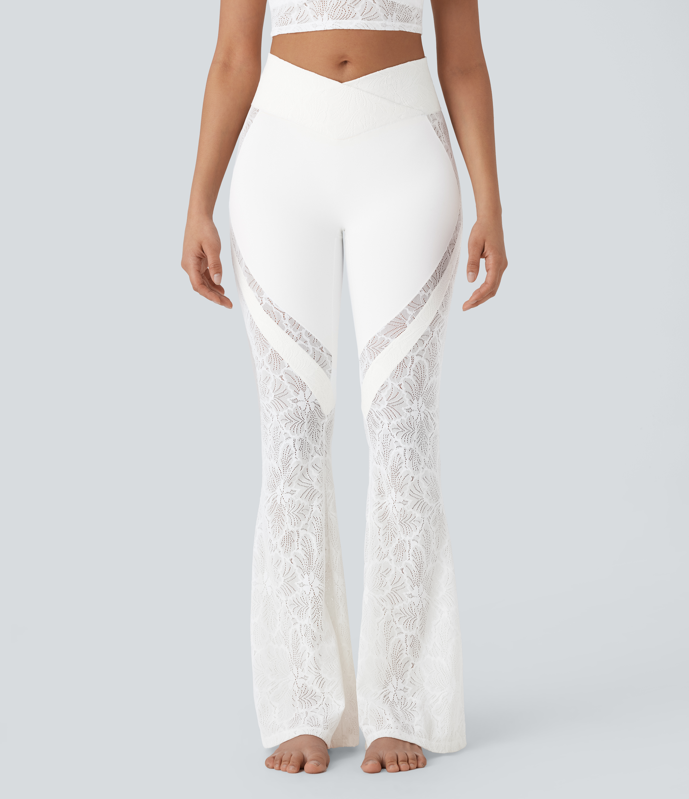 Halara High Waisted Crossover Back Pocket Lace Flare Yoga Leggings  - White - XL(regular) gym leggings leggings with pockets 