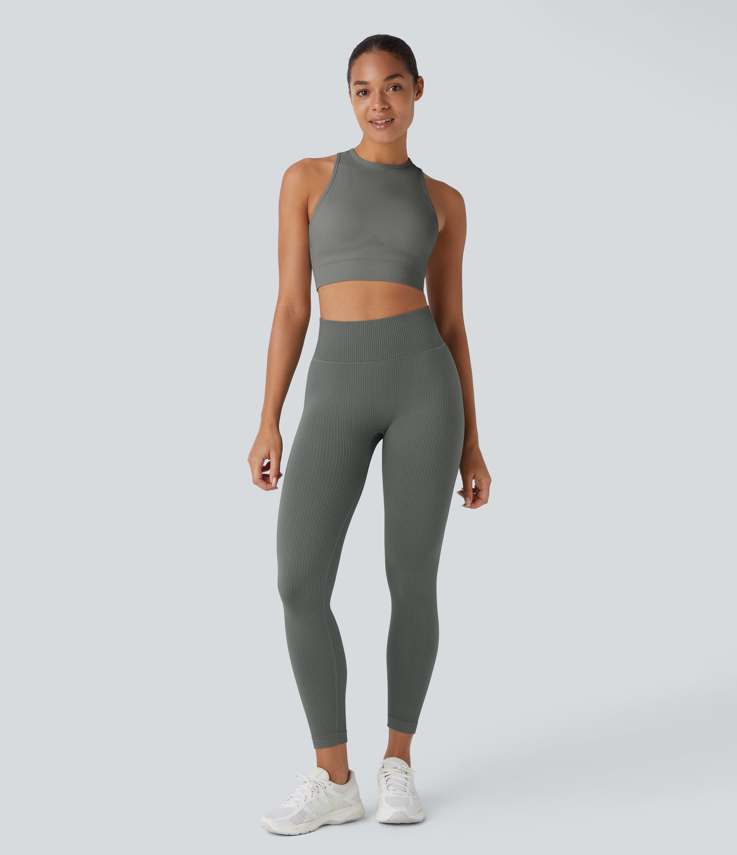 Halara Skin Friendly Soft Seamless Flow Ribbed High Waisted Tummy Control Yoga 7/8 Leggings  - Hidden Blue Gray - XL(7/8) gym leggings 