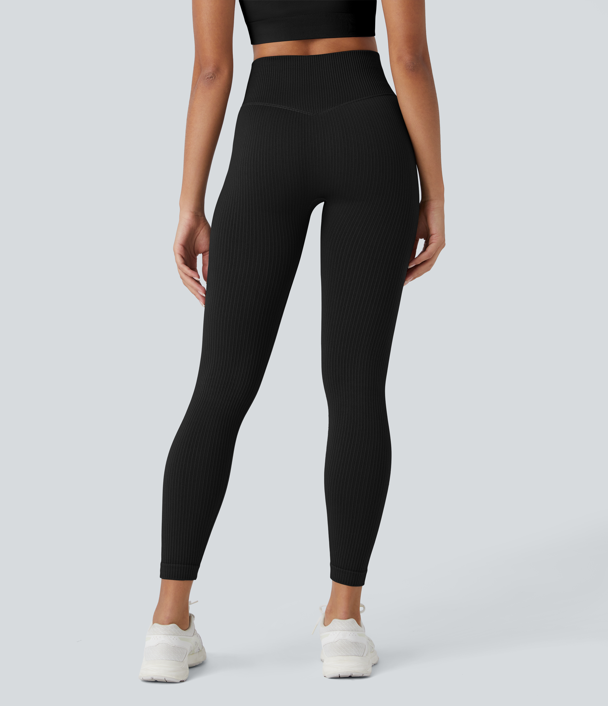 Halara Skin Friendly Soft Seamless Flow Ribbed High Waisted Tummy Control Yoga 7/8 Leggings  - Black - L(7/8) gym leggings 
