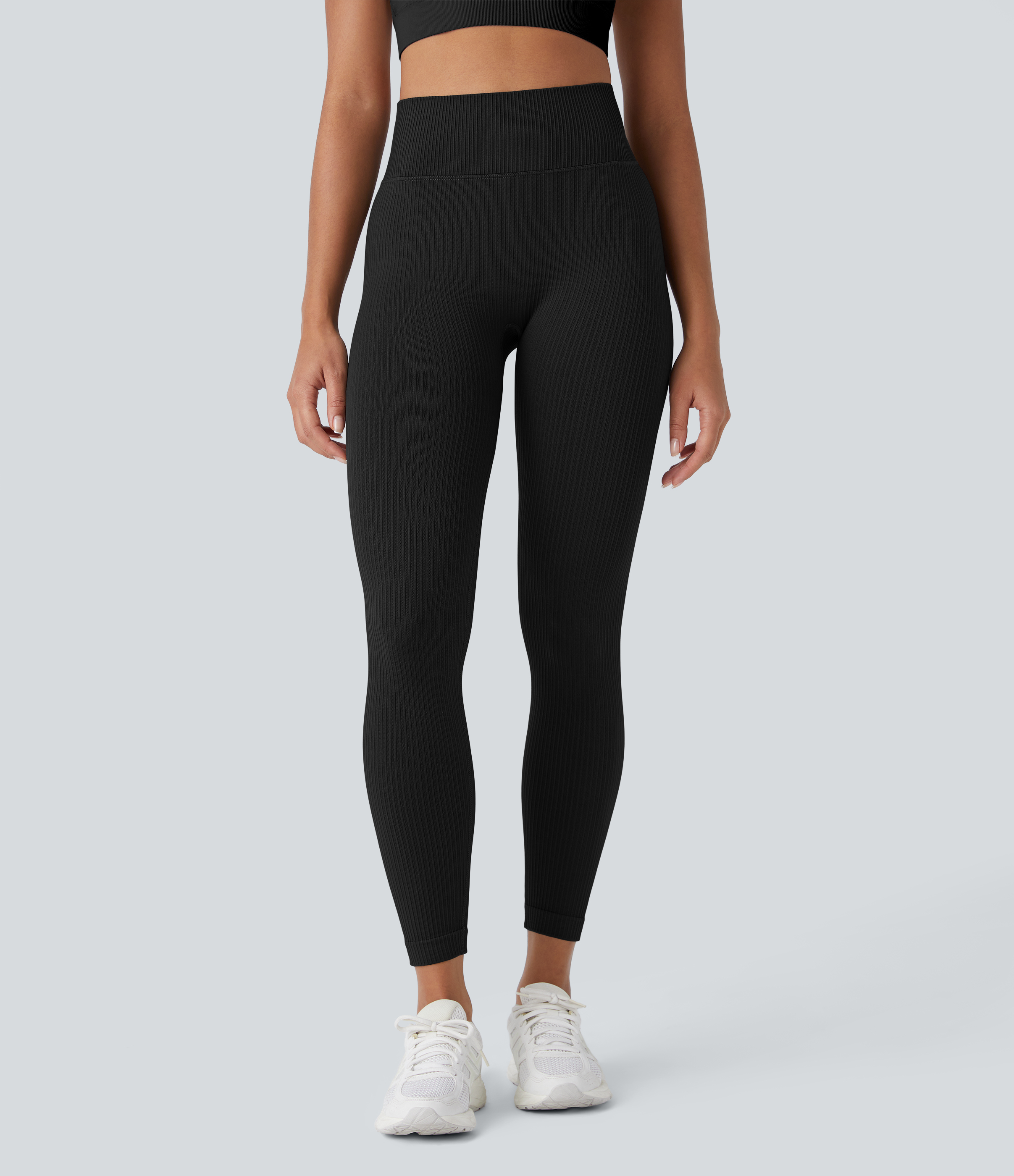 Halara Skin Friendly Soft Seamless Flow Ribbed High Waisted Tummy Control Yoga 7/8 Leggings  - Black - L(7/8) gym leggings 