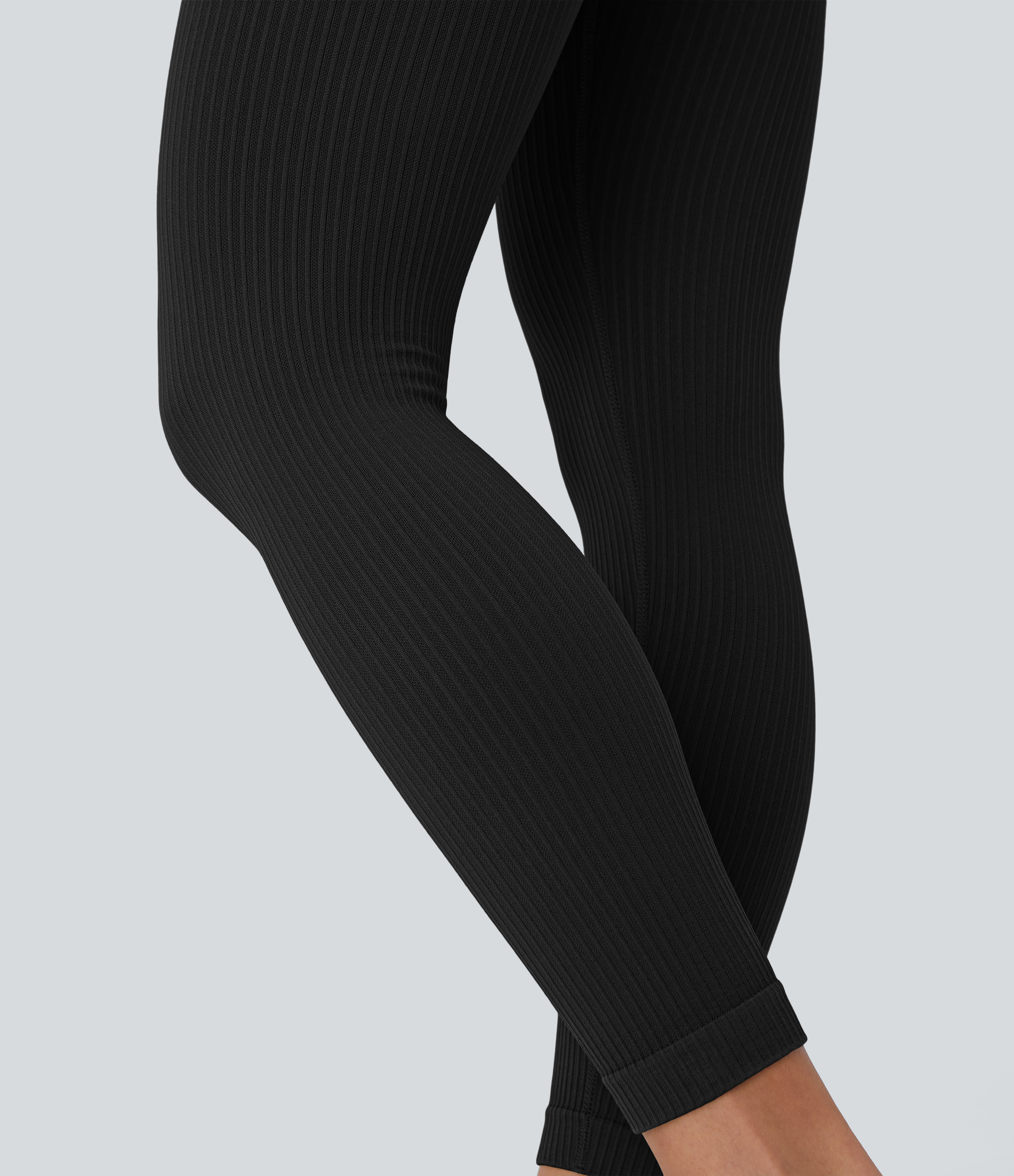 Halara Skin Friendly Soft Seamless Flow Ribbed High Waisted Tummy Control Yoga 7/8 Leggings  - Black - L(7/8) gym leggings 