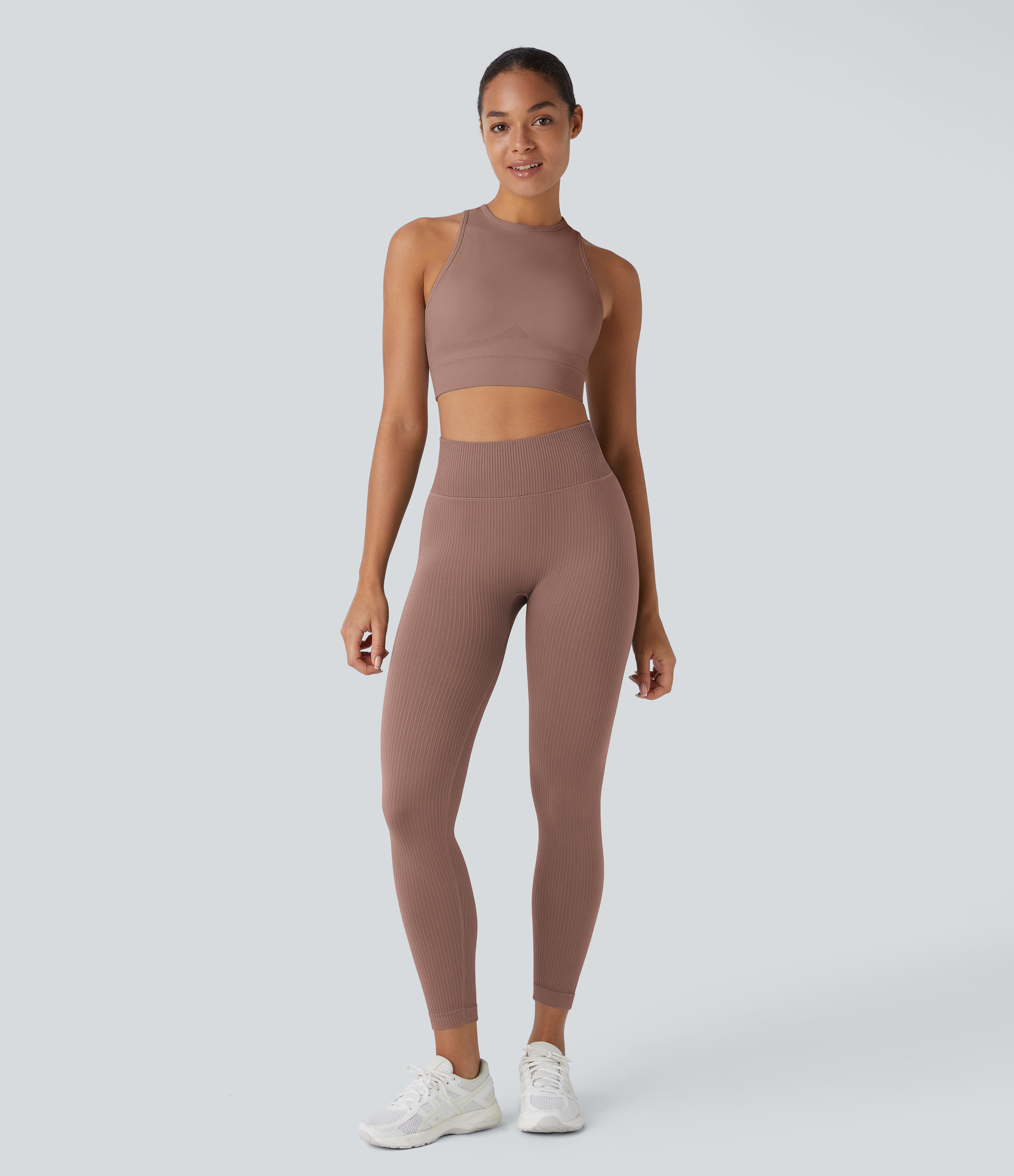 Halara Skin Friendly Soft Seamless Flow Ribbed High Waisted Tummy Control Yoga 7/8 Leggings  - Mocha Brown - L(7/8) gym leggings 