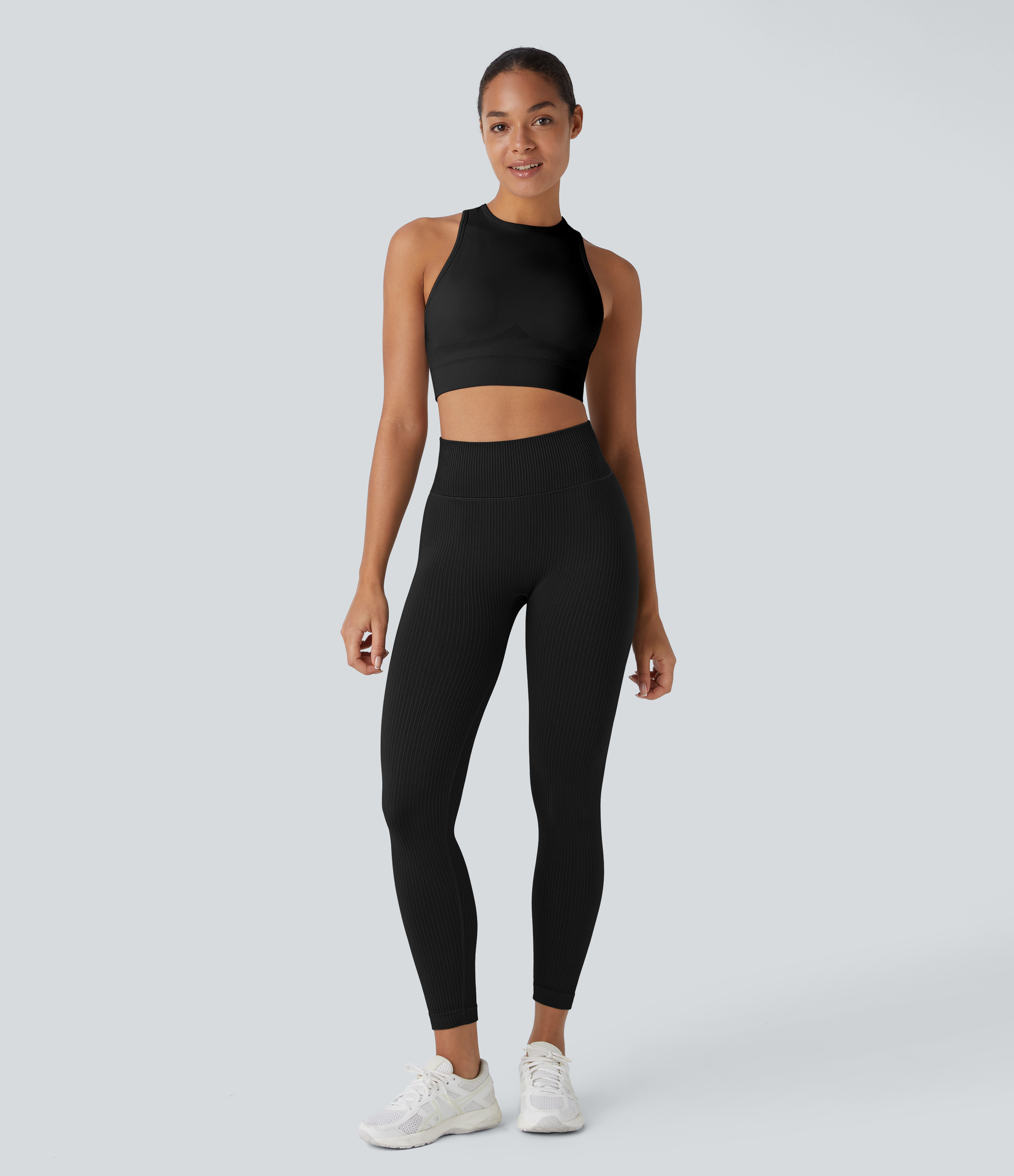 Halara Skin Friendly Soft Seamless Flow Ribbed High Waisted Tummy Control Yoga 7/8 Leggings  - Black - L(7/8) gym leggings 
