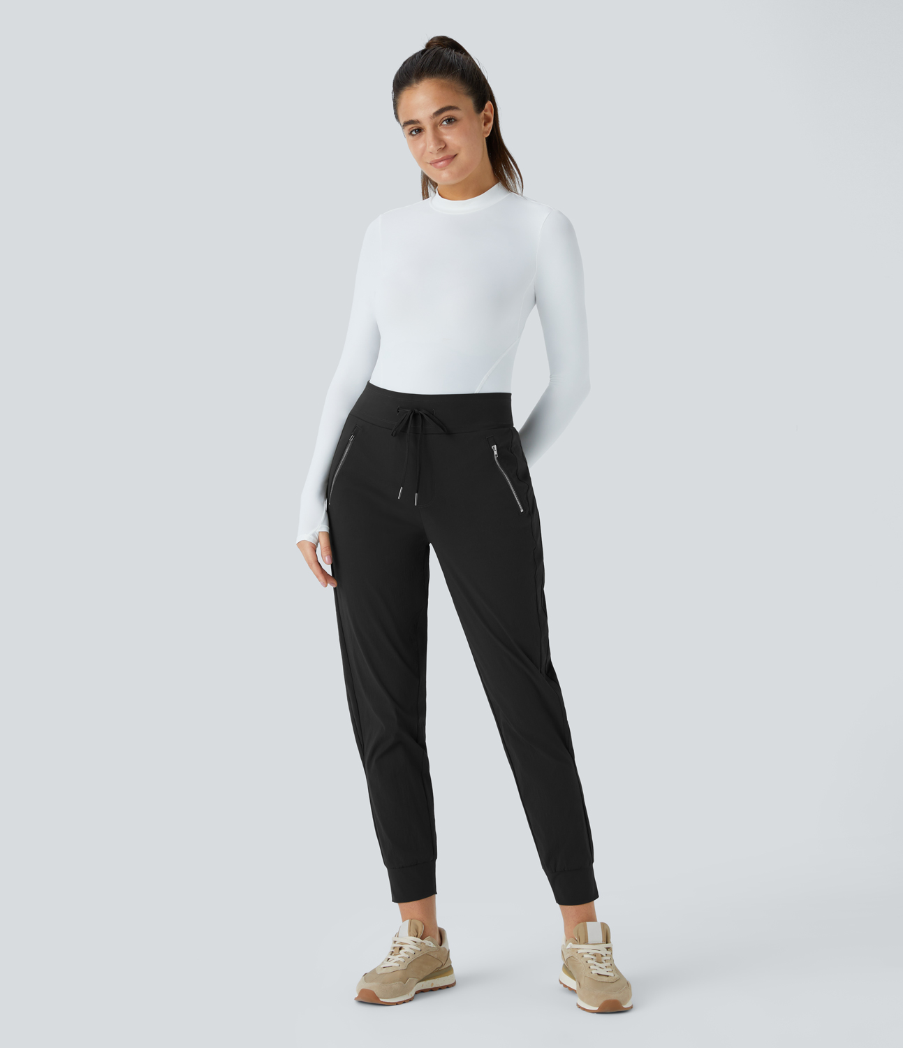 Halara Wear-Resistant Mid Rise Drawstring Side Zipper Pocket Casual Joggers  - Black - L(regular) 