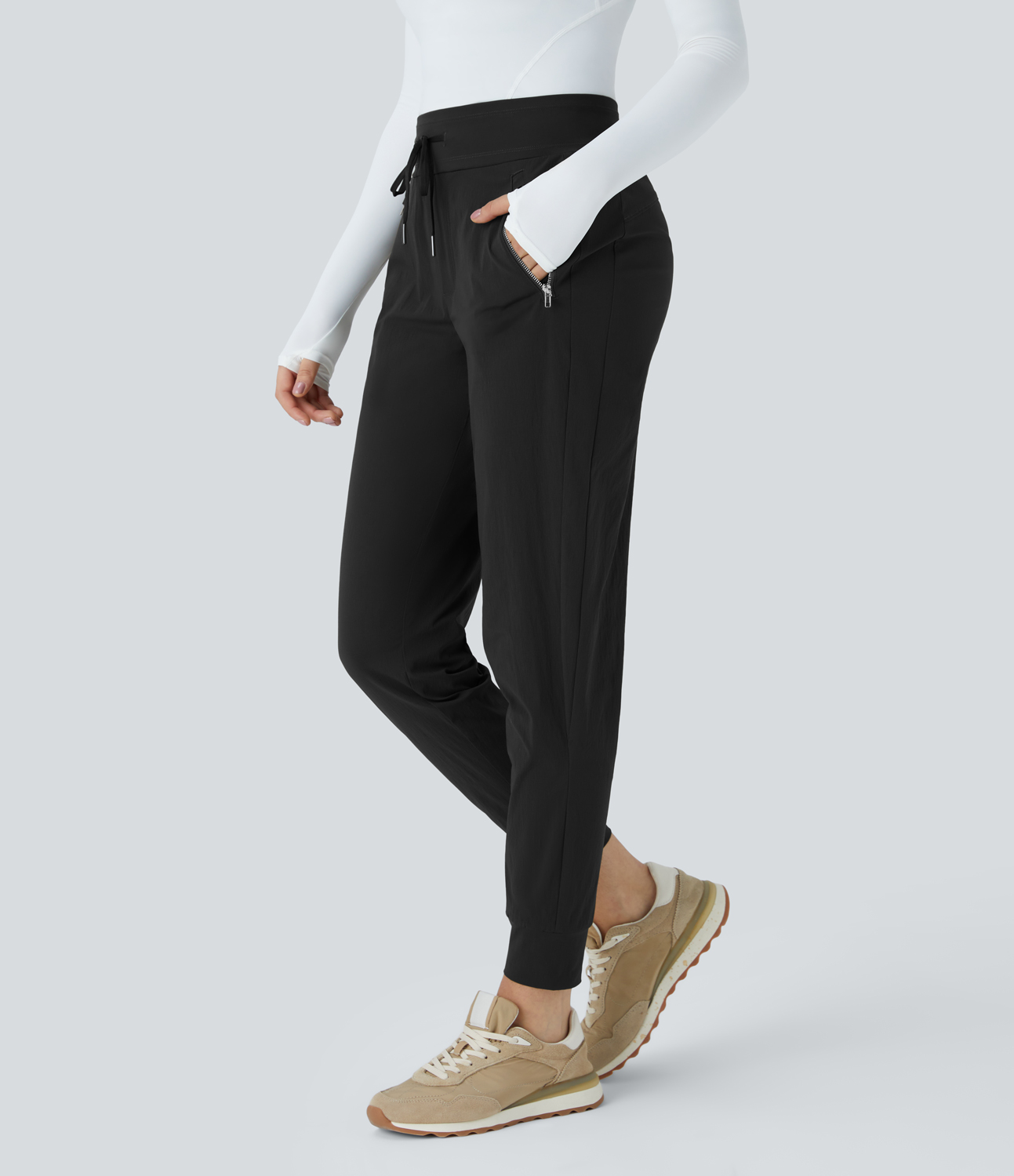 Halara Wear-Resistant Mid Rise Drawstring Side Zipper Pocket Casual Joggers  - Black - L(regular) 